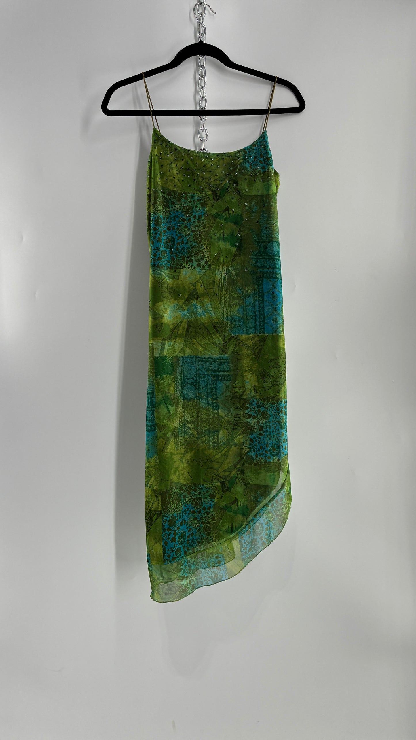 Vintage BYER TOO! CALIFORNIA Green and Blue Patchwork Patterned Midi Dress with Glitter Details and Slanted Cut (Medium)