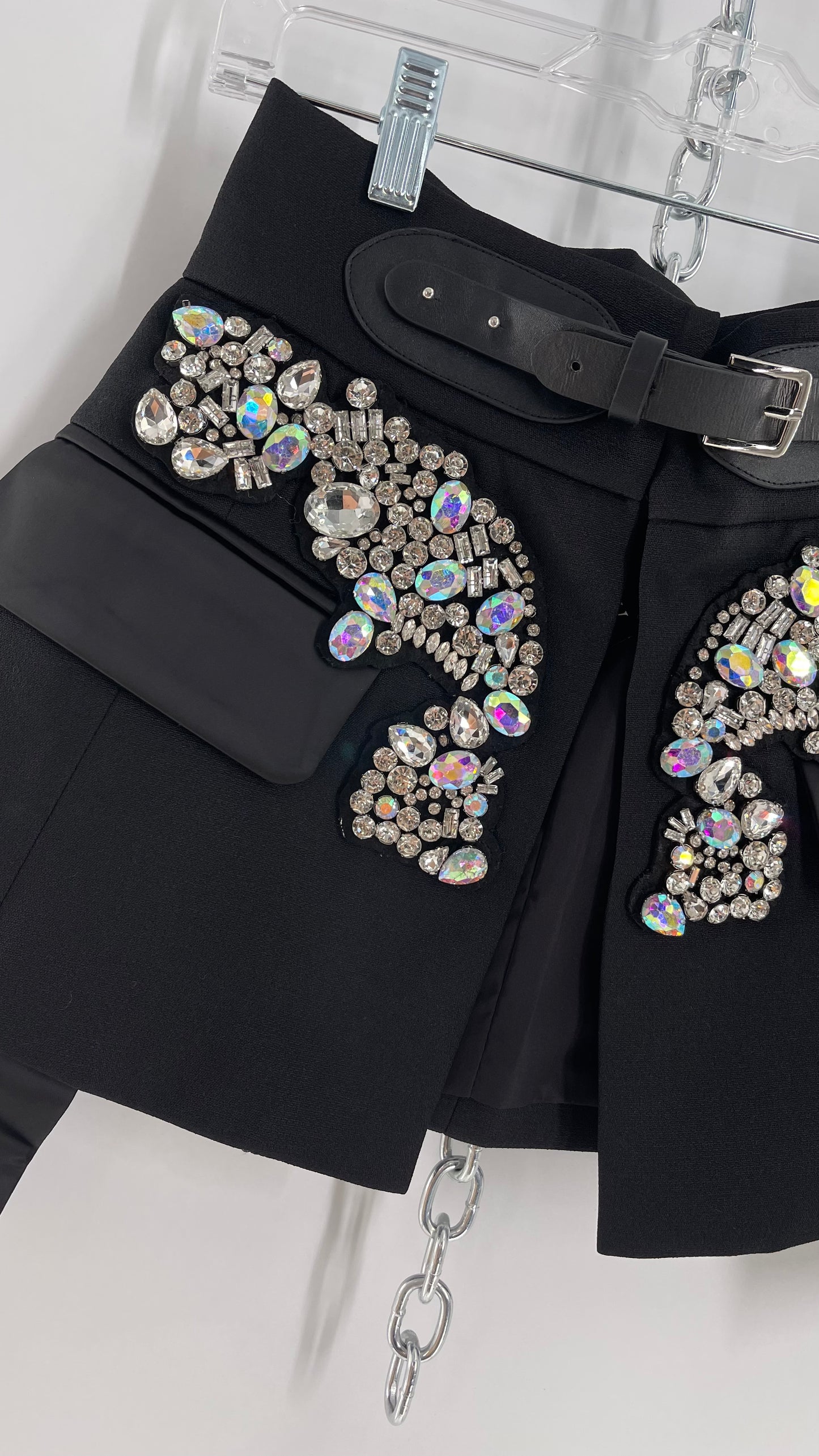 Black Skirt Belt Covered in Crystal Embellishments with Satin Flap Pockets (Medium)