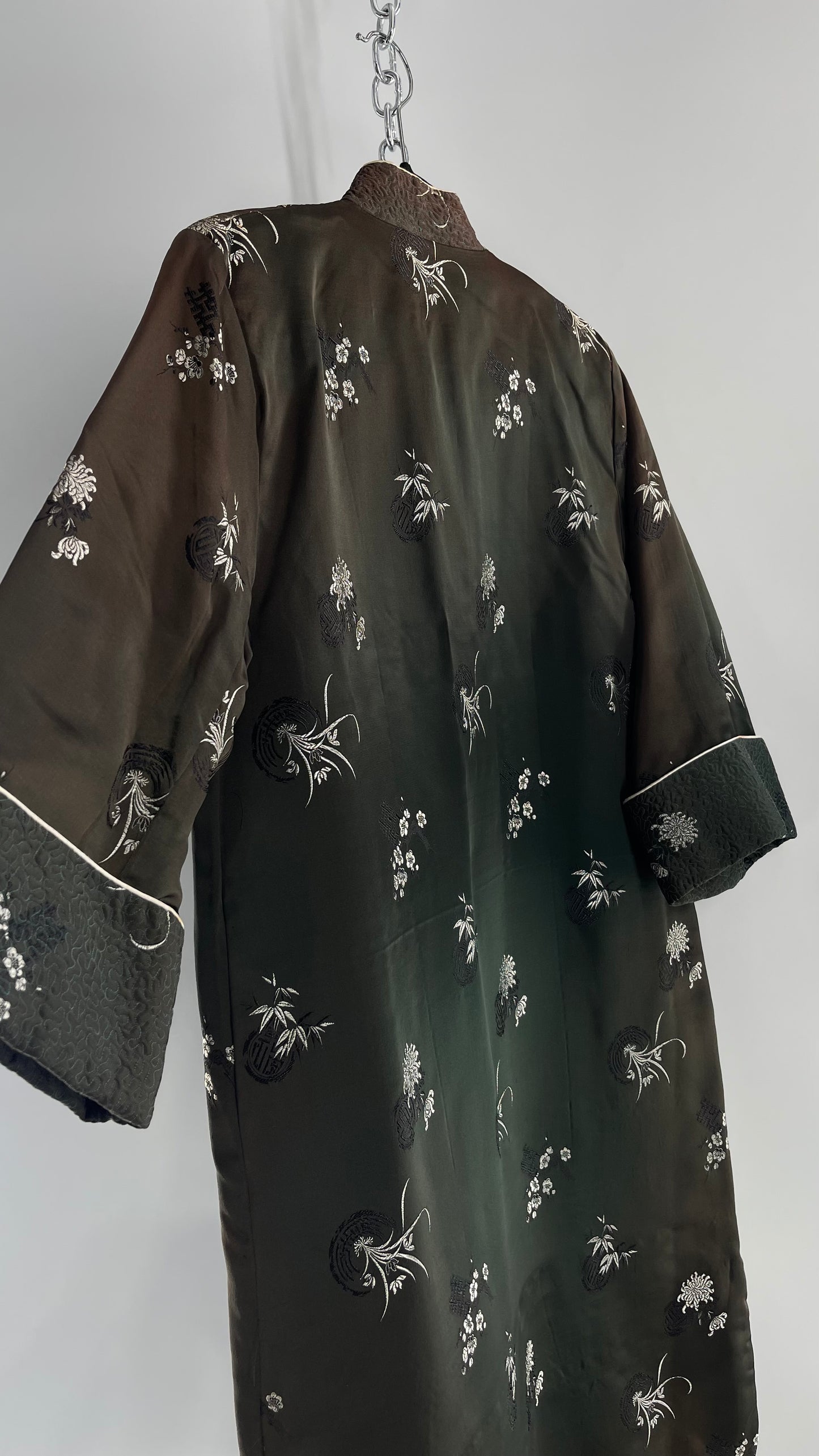 Vintage Hong Kong, Hand Made, Dark Green Silk Kimono Coat/Smoking Jacket (38)