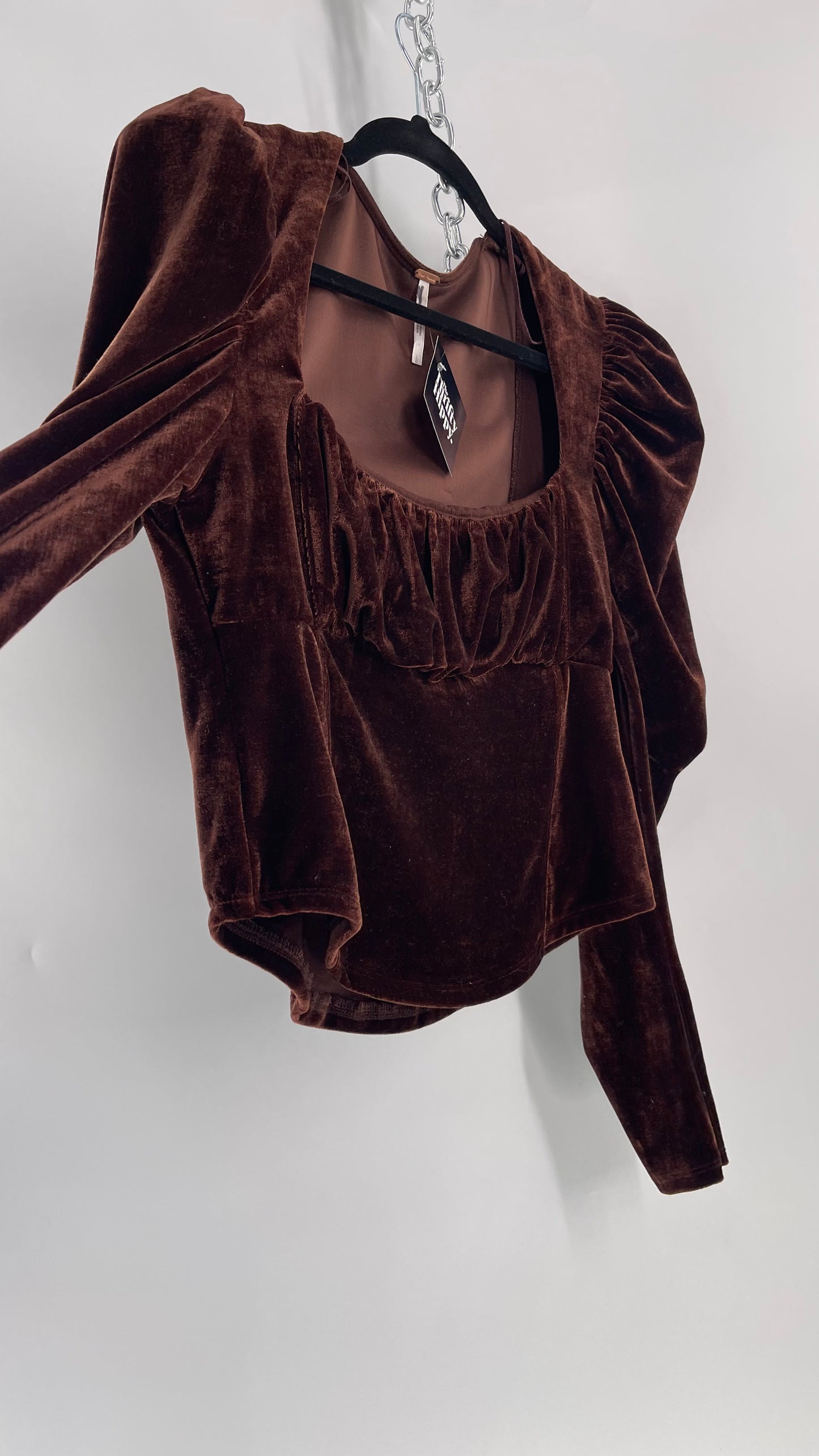 Free People Dark Brown Velvet Long Sleeve Cropped Blouse with Milkmaid Neckline and Renaissance Puff Shoulder (Large)