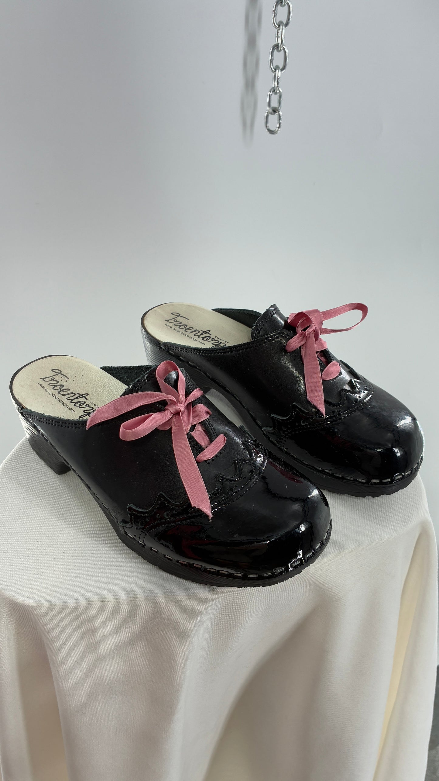 Vintage 1970s TROENTORPS Black Patent Leather Clogs with Ribbon Tie Detail (38)