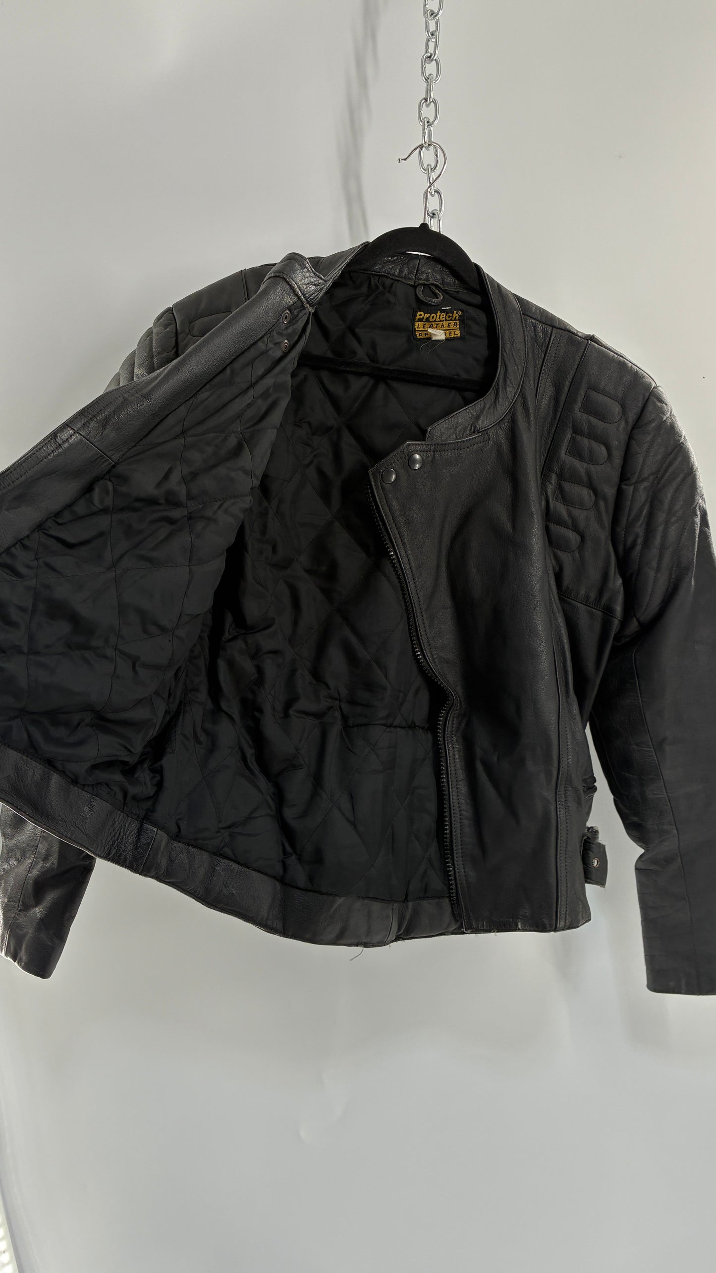 Vintage PROTECH Black Leather Motorcycle Jacket (46)