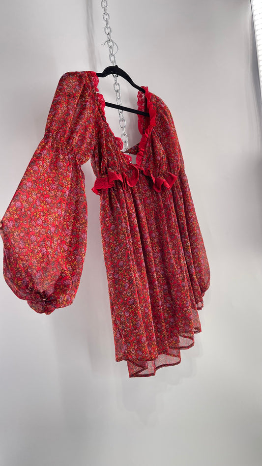 Free People Red Floral Mini Dress with Lace Trim, Open Back and Balloon Sleeves (Small)