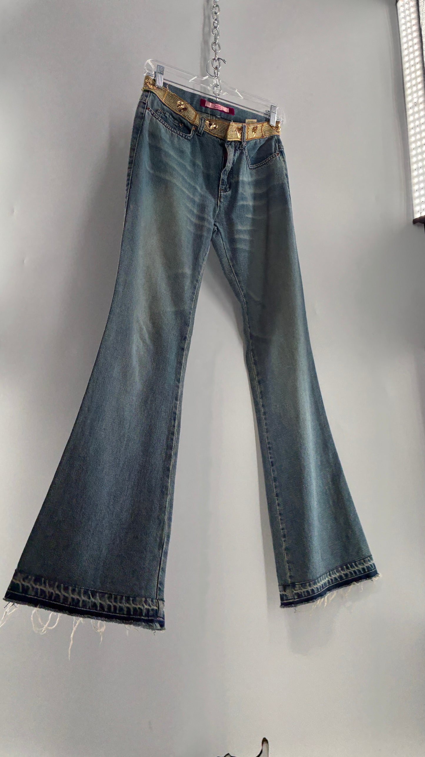 Vintage VOYAGE PASSION Kick Flare Light Wash Jeans with Heart Embroidered Bum and Gold Sequin Belt (28)