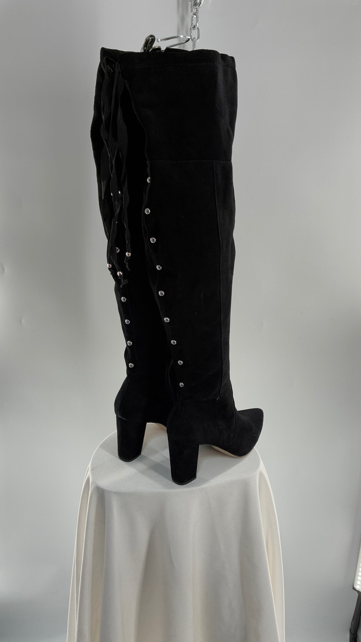 Vintage Black Genuine Suede ADRIENNE VITADINI Thigh High Pointed Toe Boots with Stud Detailing (10)