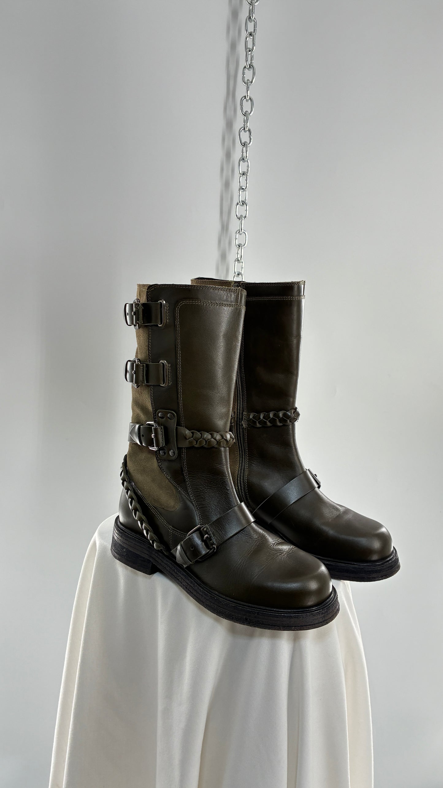 Free People Billie Olive Green Moto Boots with Buckle Closure (7)
