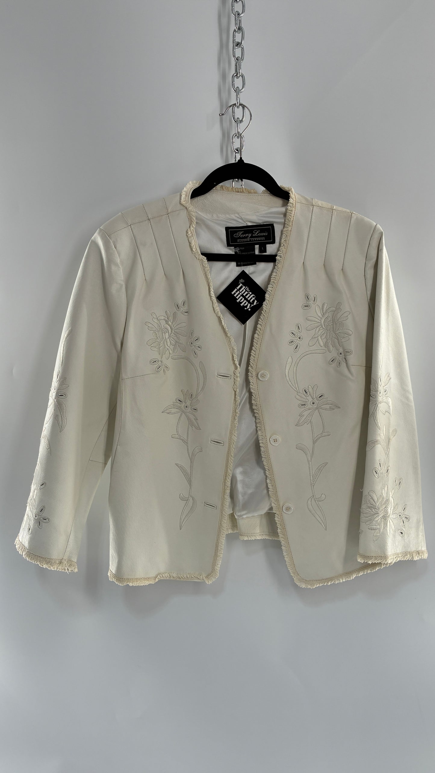 Vintage TERRY LEWIS White Leather Pleated Back, Embroidered Jacket with Lace Trim (Large)