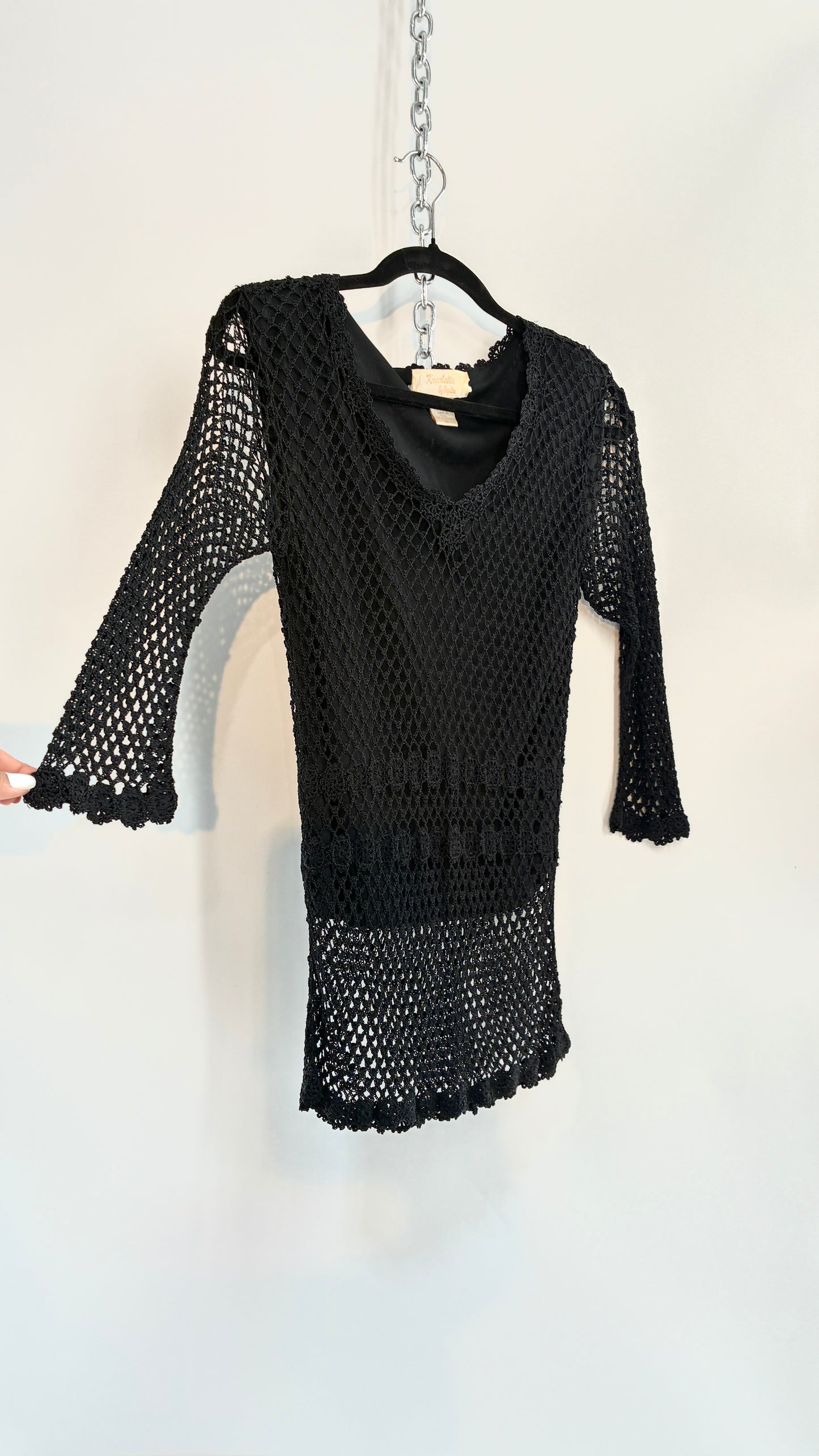 Vintage KROSHETTA by PAPILLON  Black Crochet Quarter Sleeve Blouse (Medium)