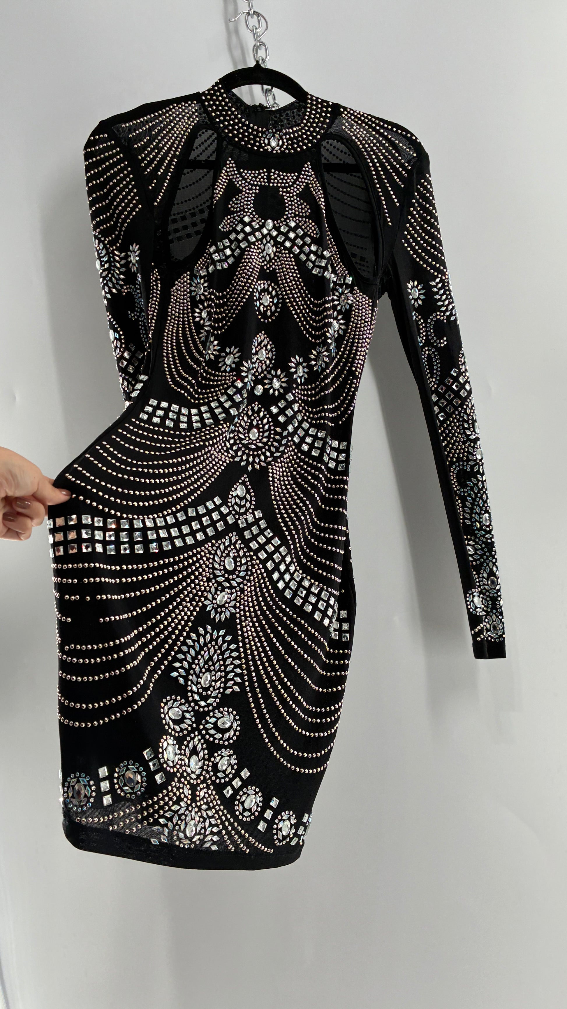 Black Bedazzled Mini Dress with Cut Out Details Covered in Gems (Small) Black Bedazzled Mini Dress with Cut Out Details Covered in Gems (Small)