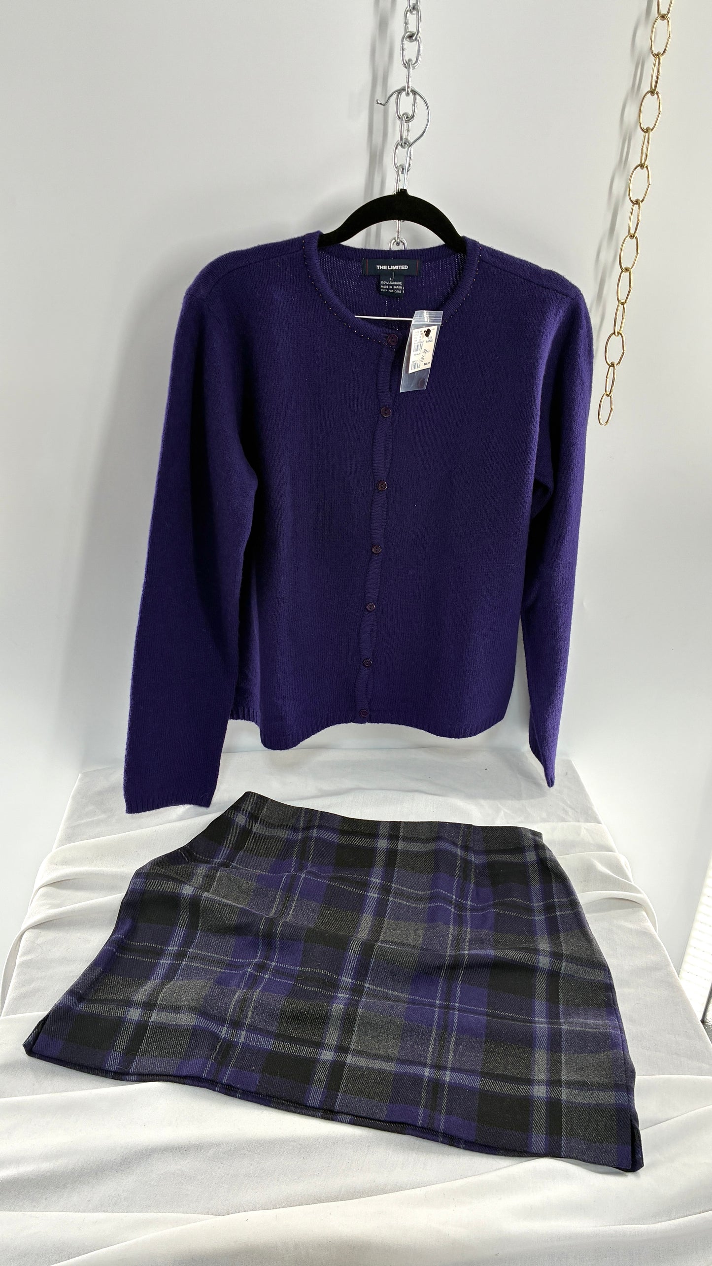 Deadstock Vintage THE LIMITED Japanese 100% Lambswool Purple Cardigan and Plaid Mini Skirt Set (L,10)