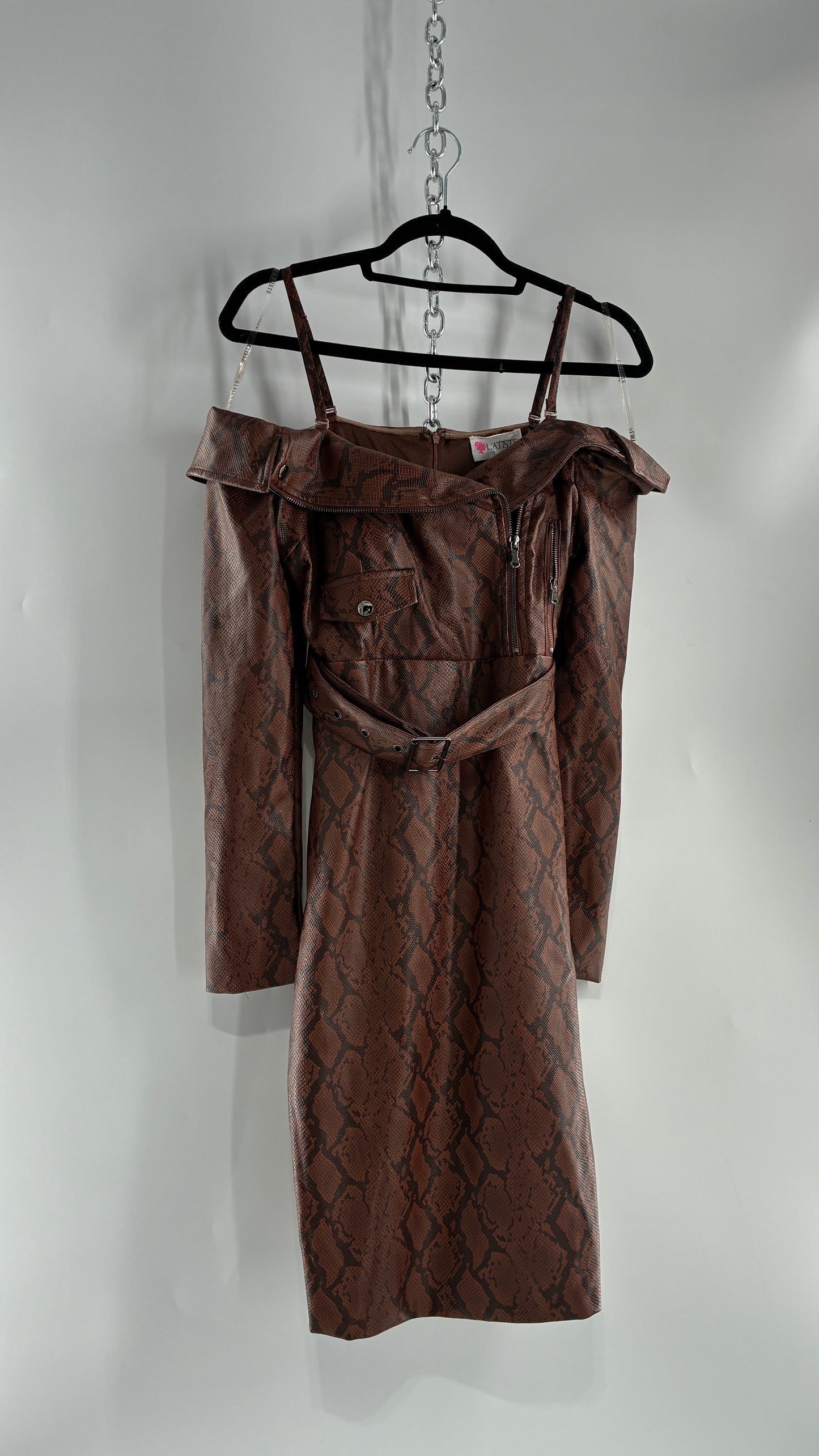 L’ATISTE Snakeskin Vegan Leather Moto Off the Shoulder, Knee High Dress (Medium)