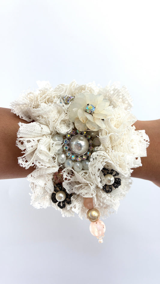 Handmade Oversized Ivory Lace Rosette & Jeweled Charm Statement Cuff