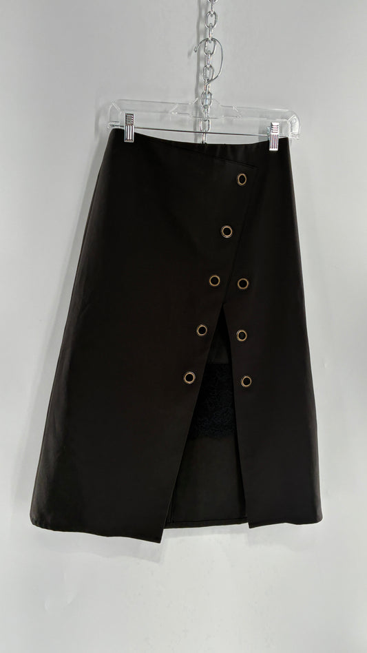 Vintage BYSI Black Skirt with Asymmetric Slit, Bronze Grommets and Lace Thigh Detail (EU36,UK8)