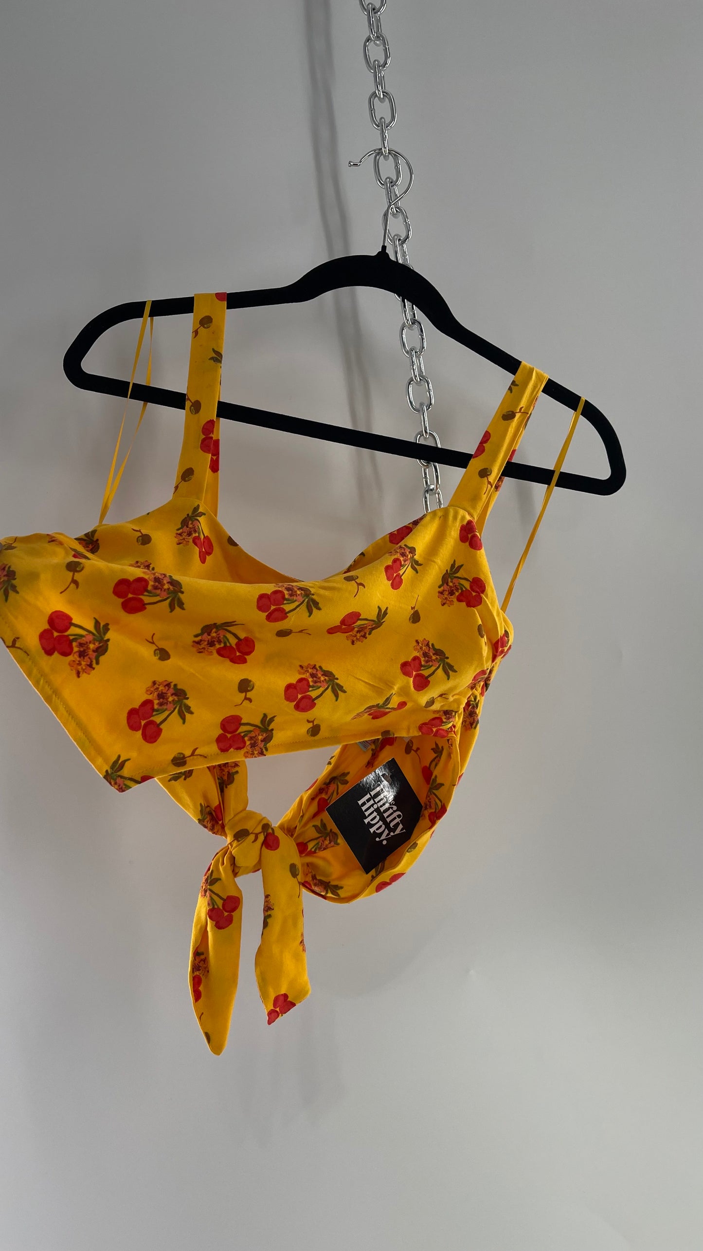 Urban Outfitters Yellow Cherry Printed Crop with Tie Back (Large)