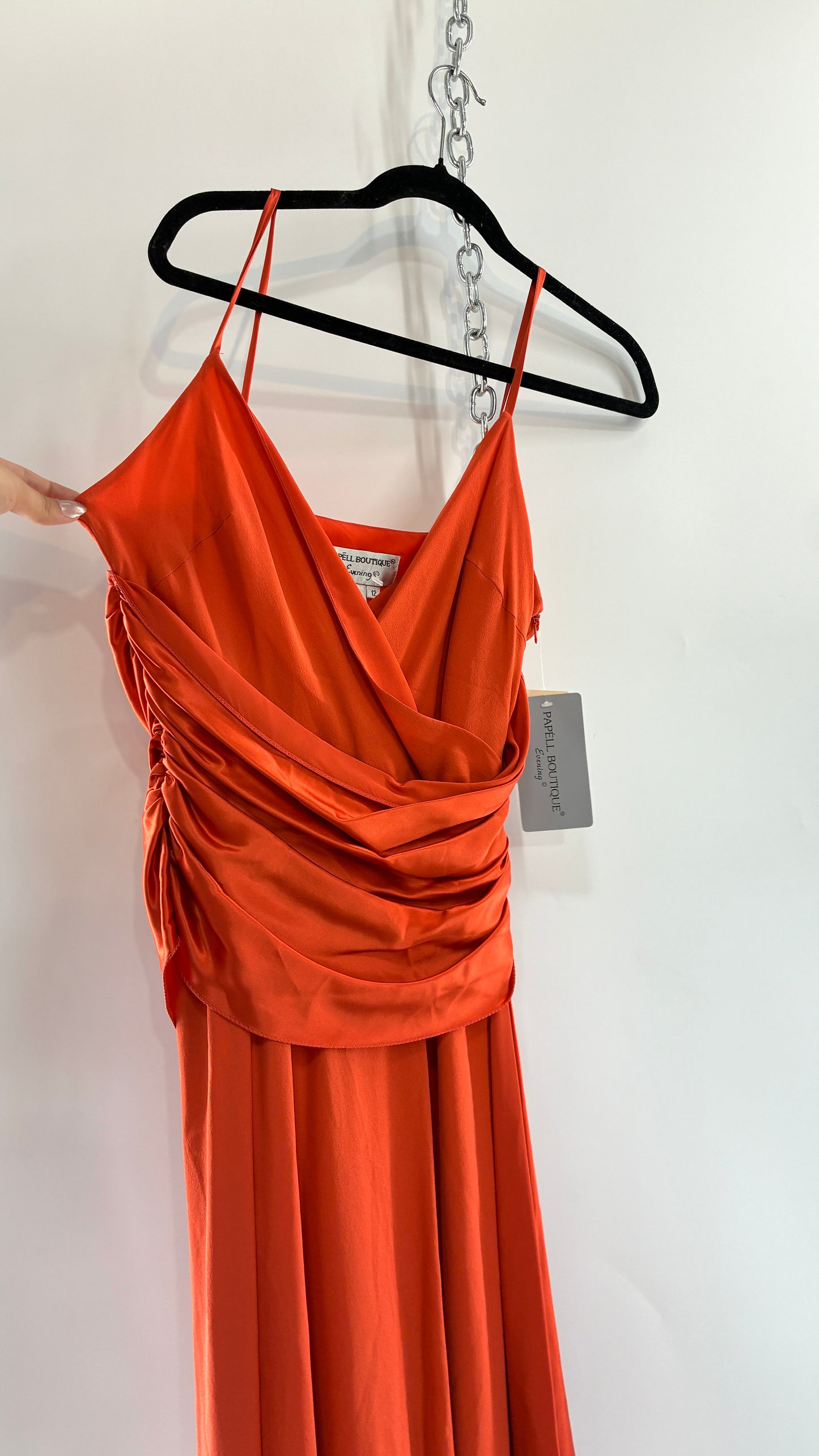Deadstock Vintage PAPELL BOUTIQUE 100% Silk Tangerine Midi Dress with Ruched Bodice (12)