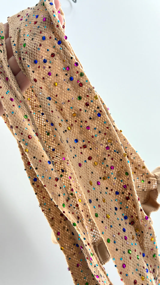 Beige Mesh Tights with All-Over Multicolored Rhinestones