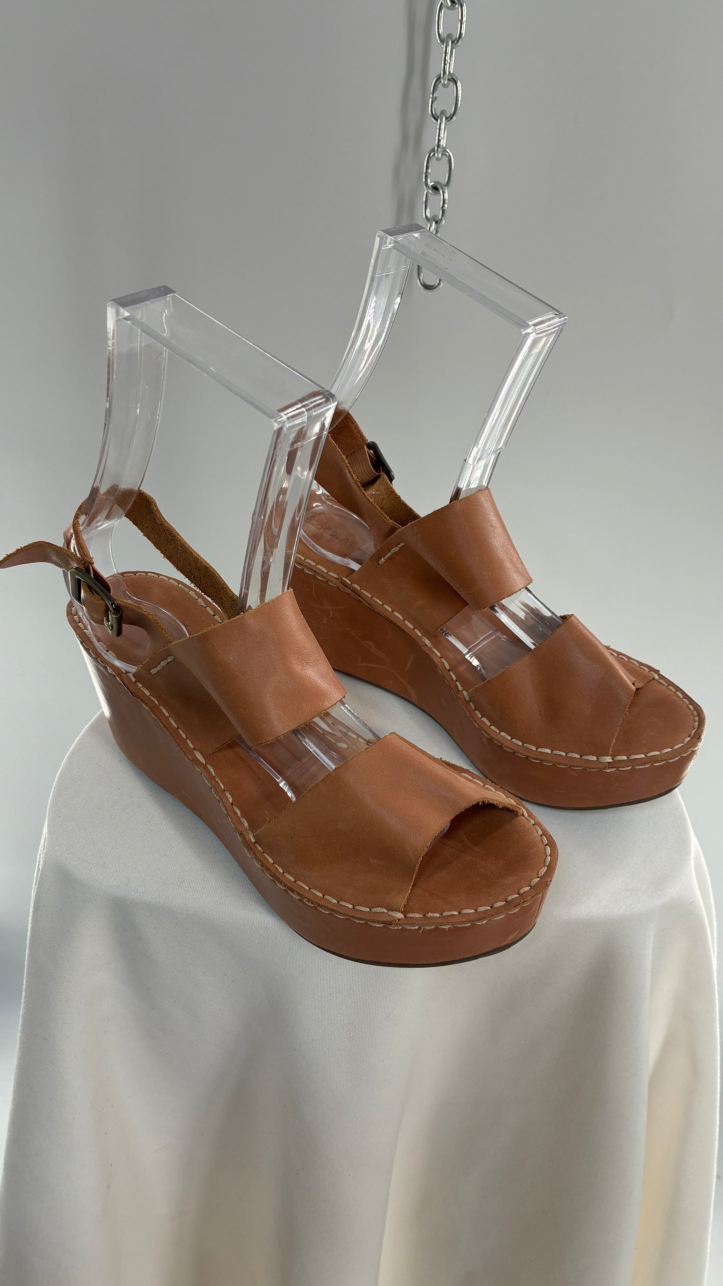 Chocolat Blu Tan Genuine Leather Wedge Platform Sandals (8.5)