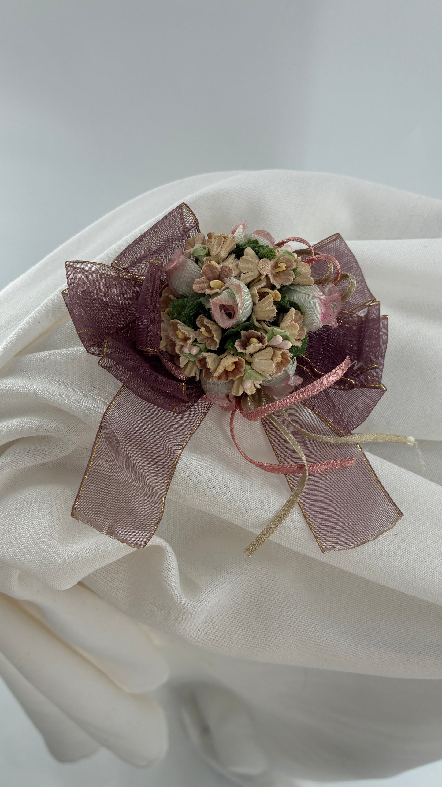 Vintage Ribbon and Lace Floral Brooch Pin