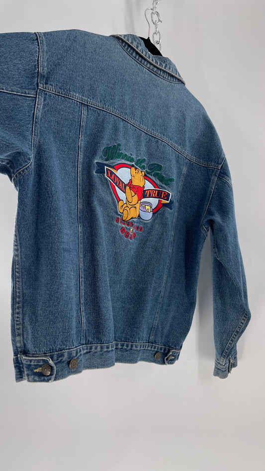 Vintage Disney Denim Jacket with Embroidered Graphic/Patches on Back and Pocket (Medium)
