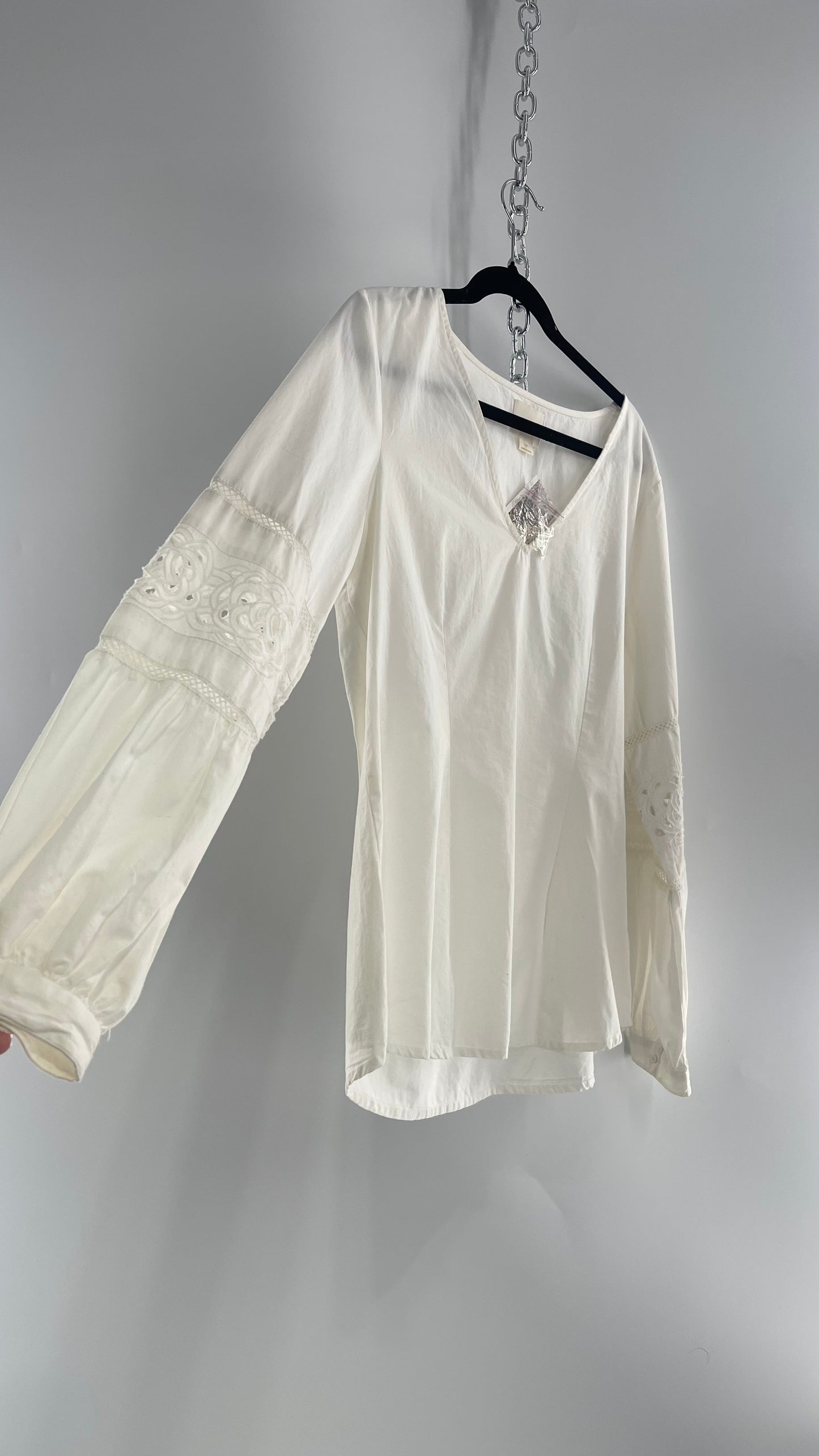 Maeve Anthropologie White 100% Cotton Blouse with Balloon Sleeves, Eyelet Lace, and Armpit Zipper (12)