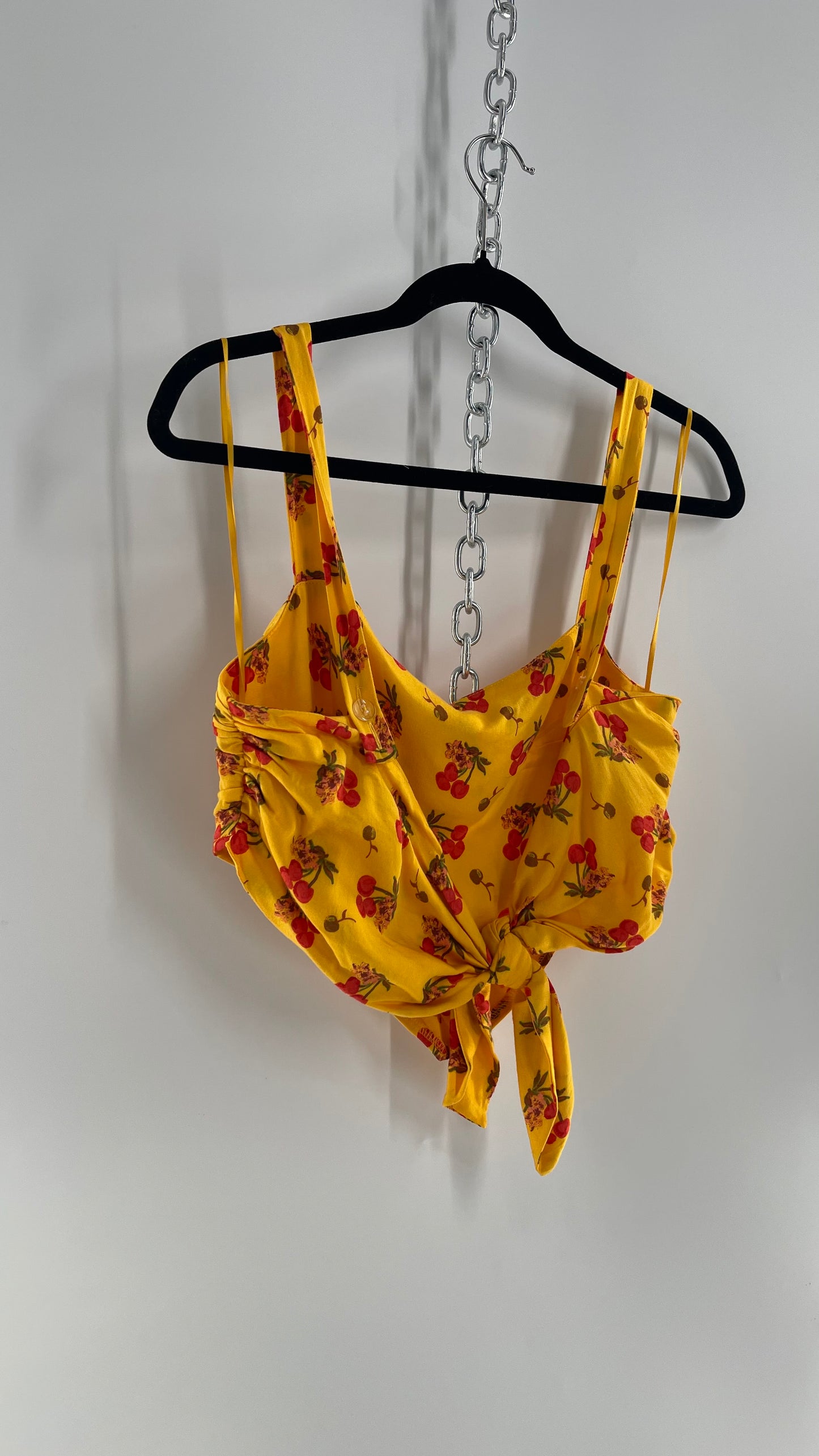 Urban Outfitters Yellow Cherry Printed Crop with Tie Back (Large)