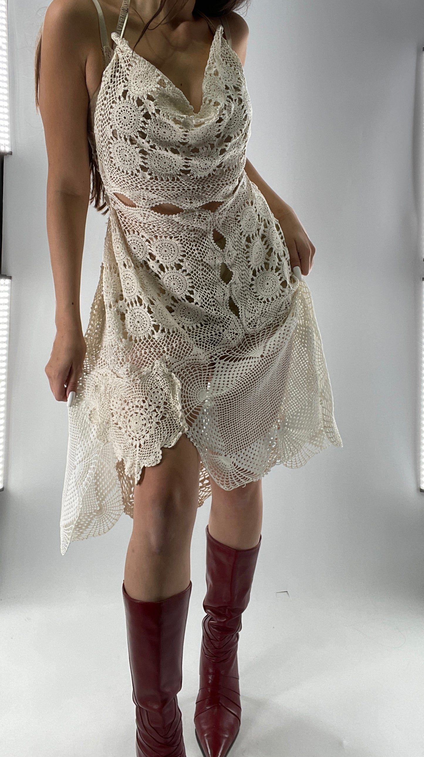 Vintage Handmade Crochet Cottage Adjustable Dress with Open, Low Back (One Size)