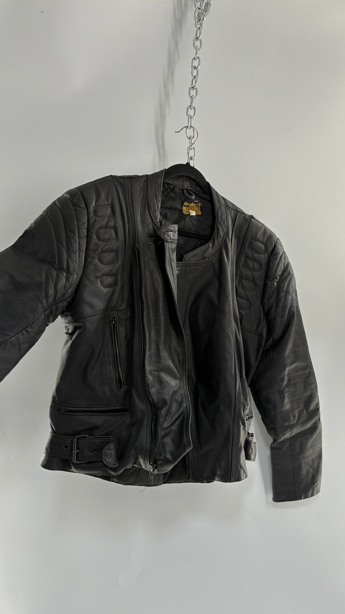 Vintage PROTECH Black Leather Motorcycle Jacket (46)