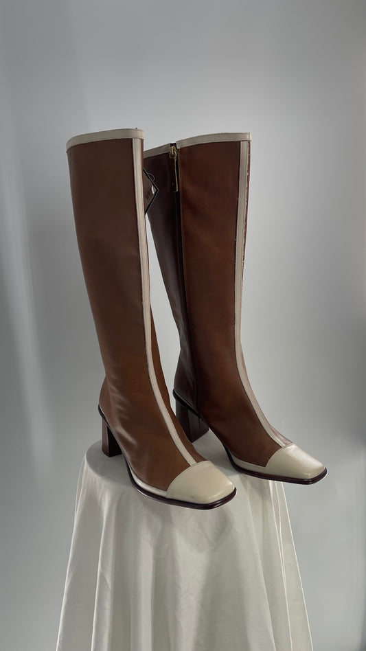 ALOHAS Brown and White Paneled Leather Booties (42)