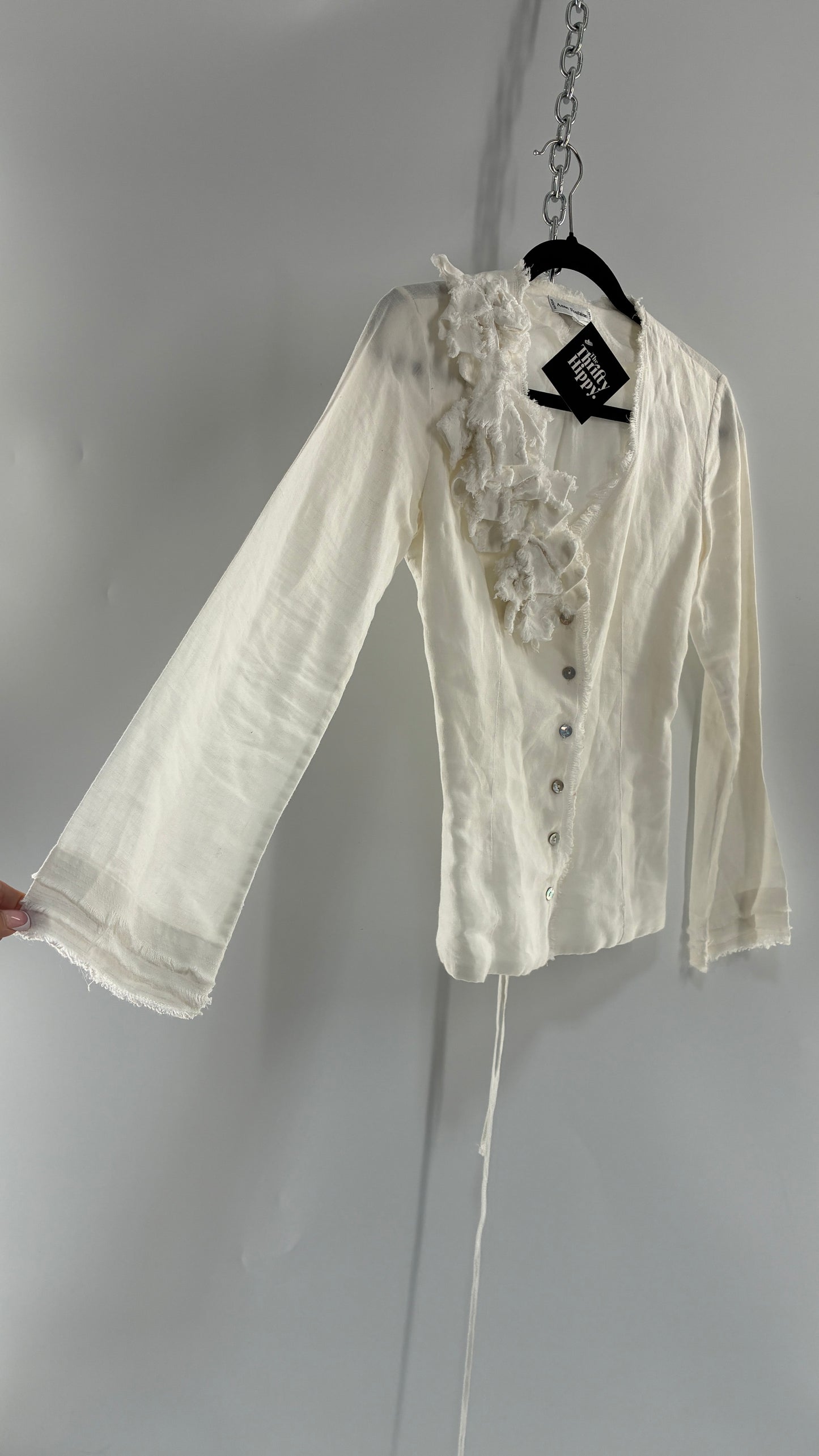 Vintage ANNE FONTAINE Off White Linen Woven Button Up Blouse with Back Corseting, Pearlescent Shell Buttons, and Rosette Details (36)