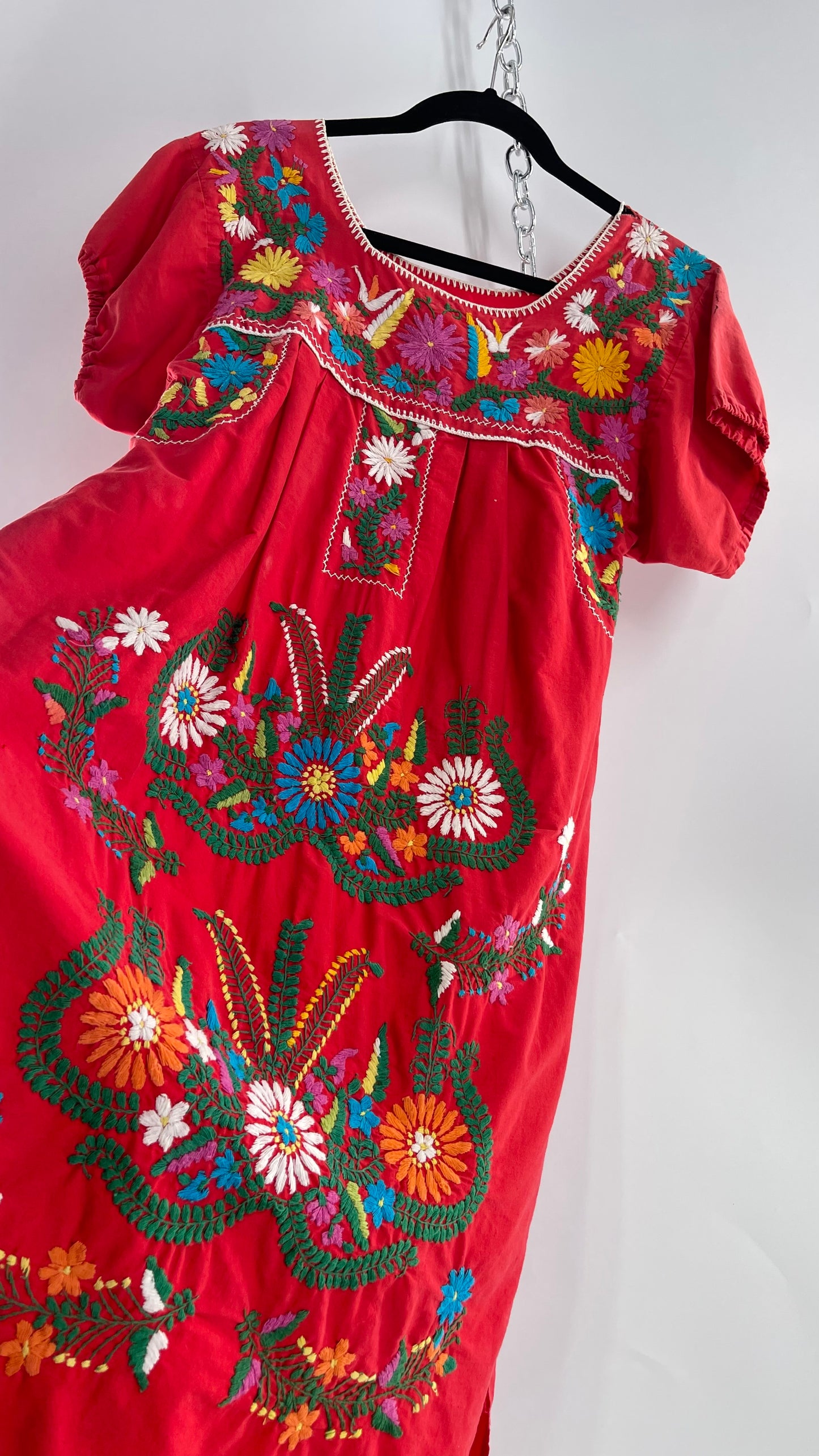 Vintage 1970s Red Cotton Dress with Hand Embroidered Florals Imported from Mexico (Small)