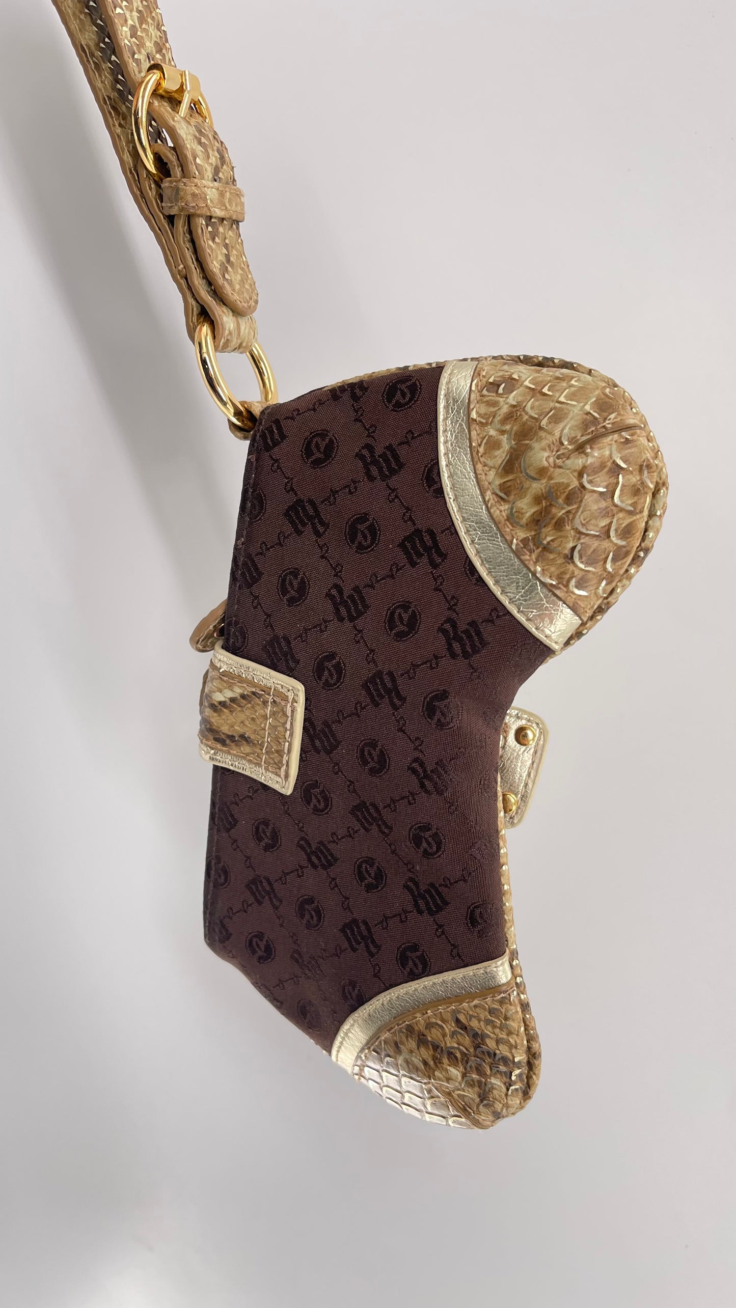 Vintage RocaWear Clutch Pouch with Monogram Brown Fabric, Large Branded Gold Hardware Closure and Snake Textured Details