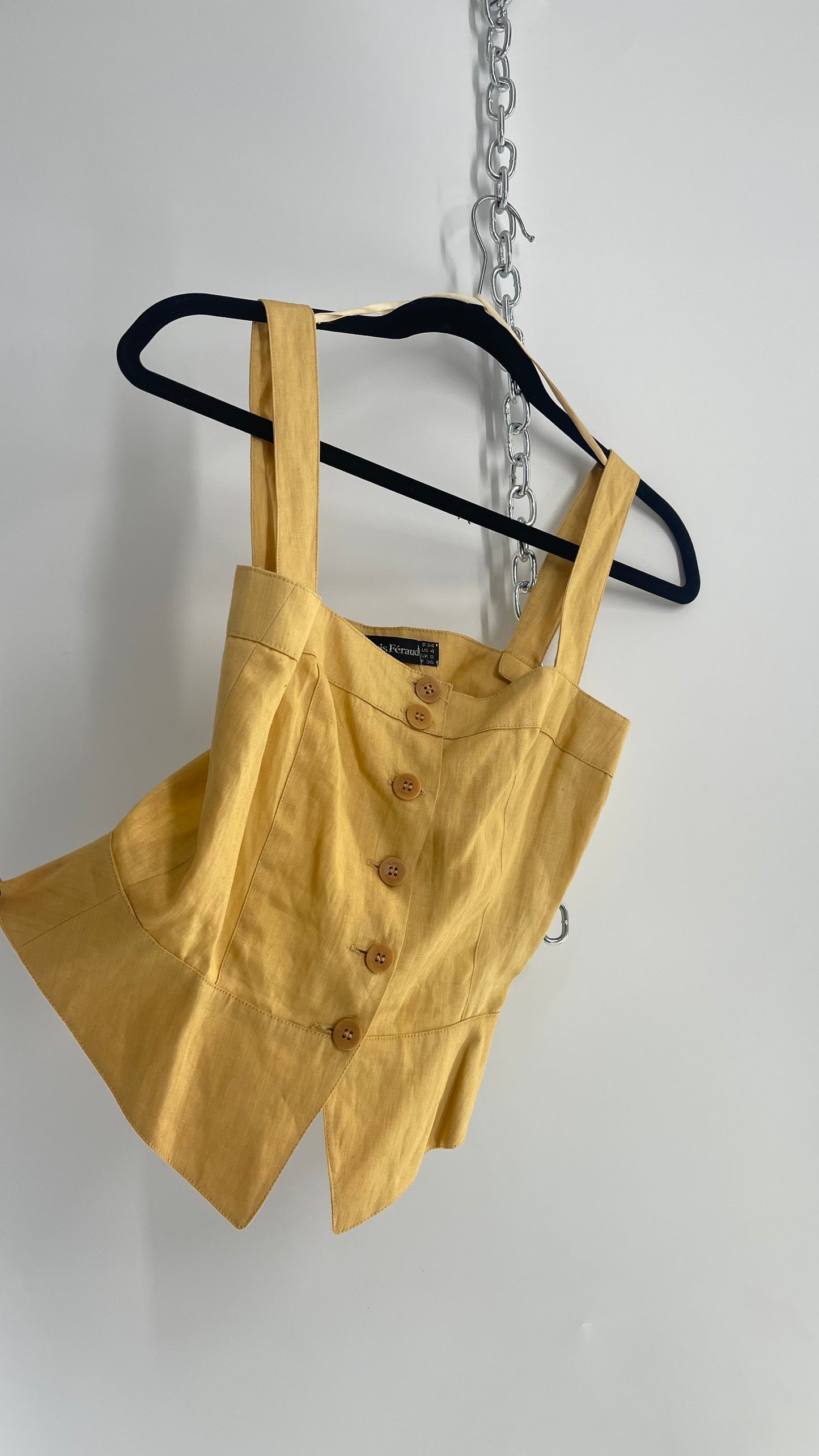 Vintage Louis Feraud 100% Linen Yellow Button Front Sleeveless Blouse and Embossed Buttons(4)