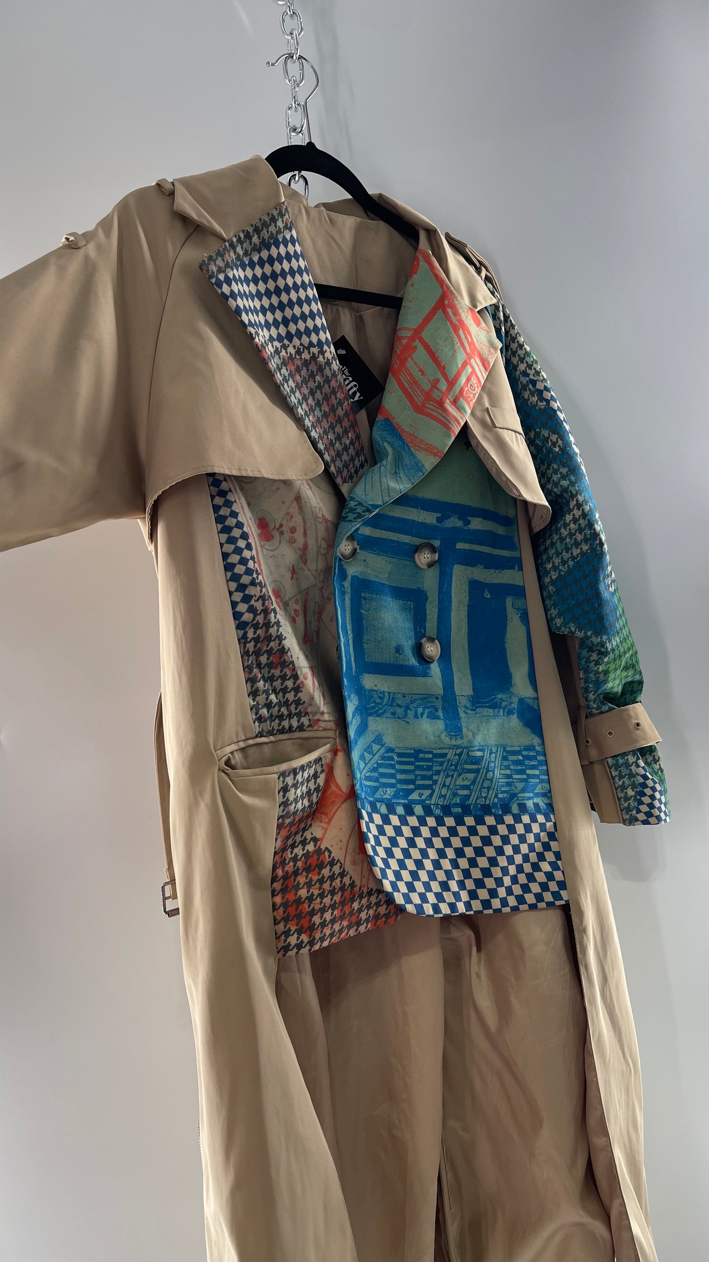 Tan Belted, Double Breasted Trench Coat with Plaid Colorful Graphics and Contrasting Black Zippers (C)(M)