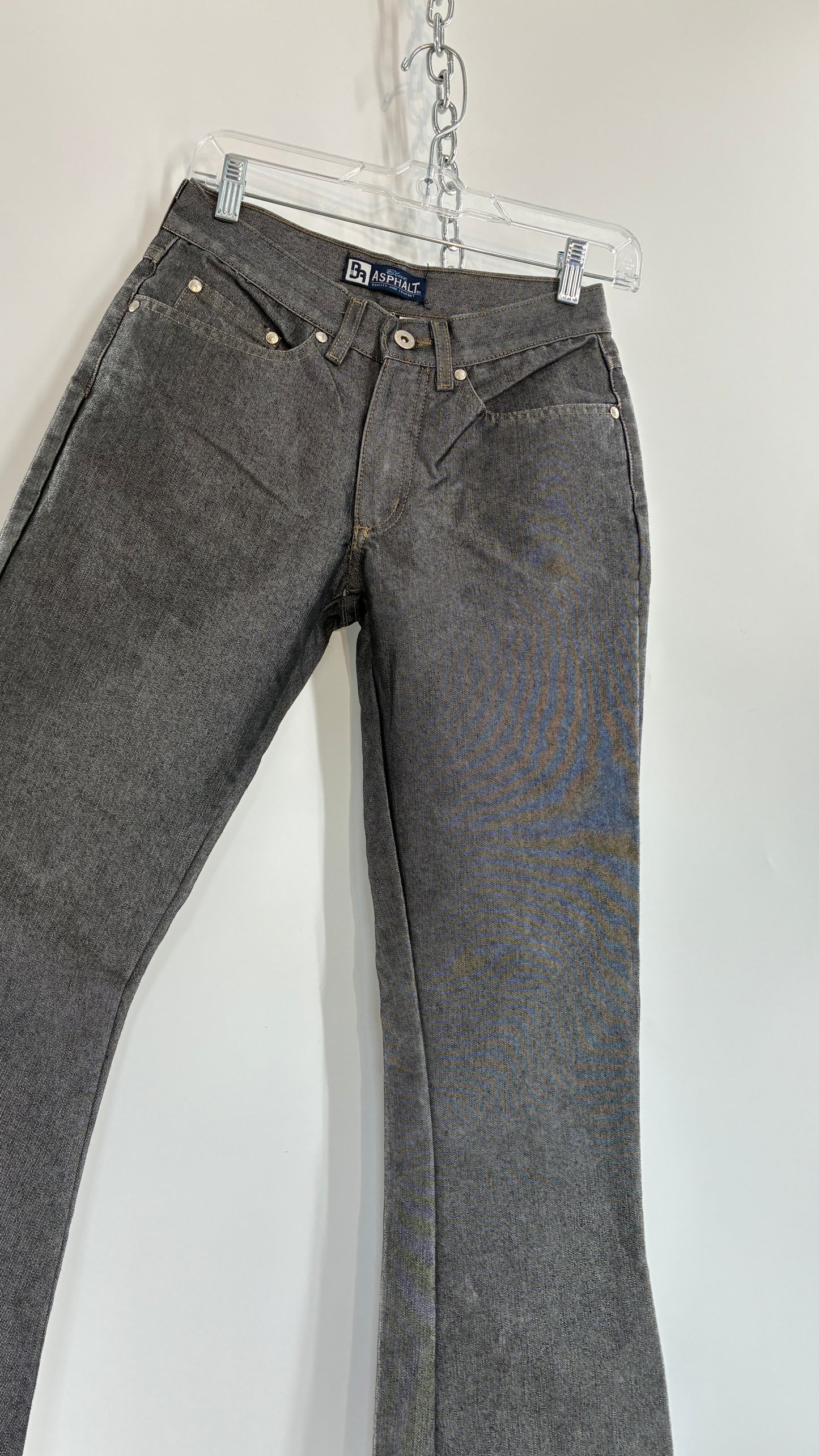 Vintage BLUE ASPHALT Metallic Silver Grey Denim Low Rise Kick Flares (5)