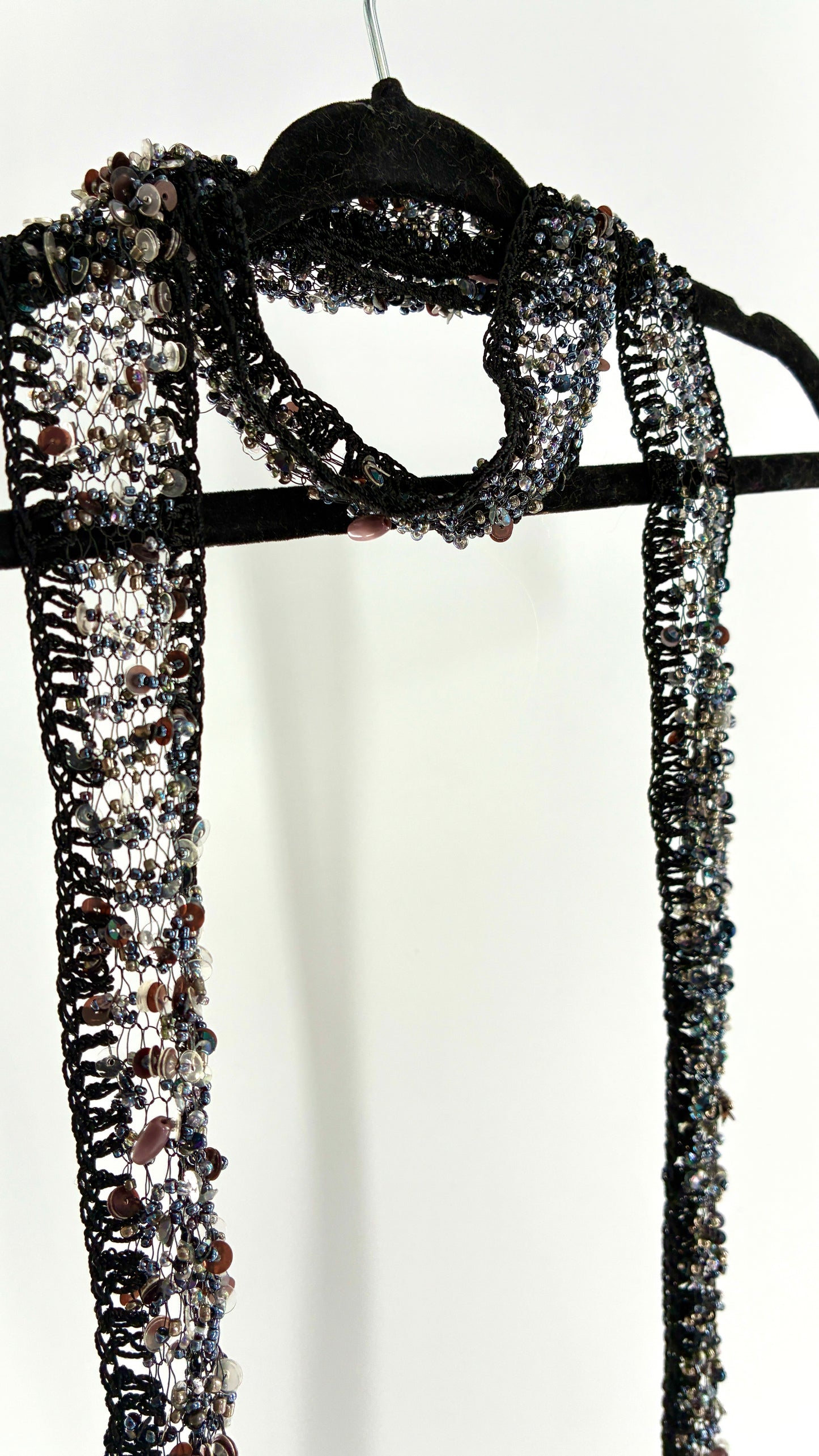 Vintage Black Netted + Crochet Scarf Necklace Covered in Heavy Beading