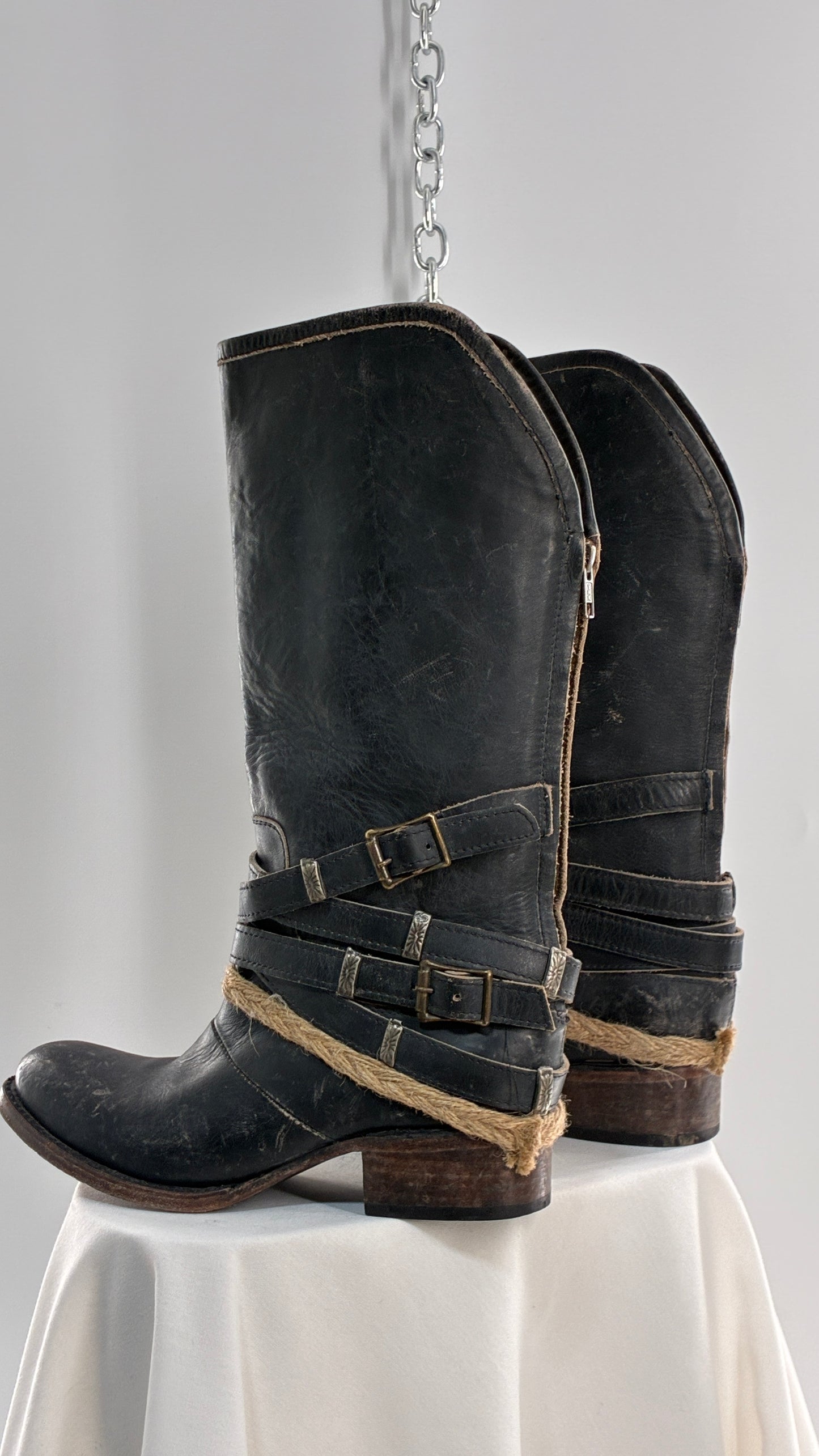Vintage FREEBIRD Drove Distressed Black Leather Boot with Buckle Detailing (8)