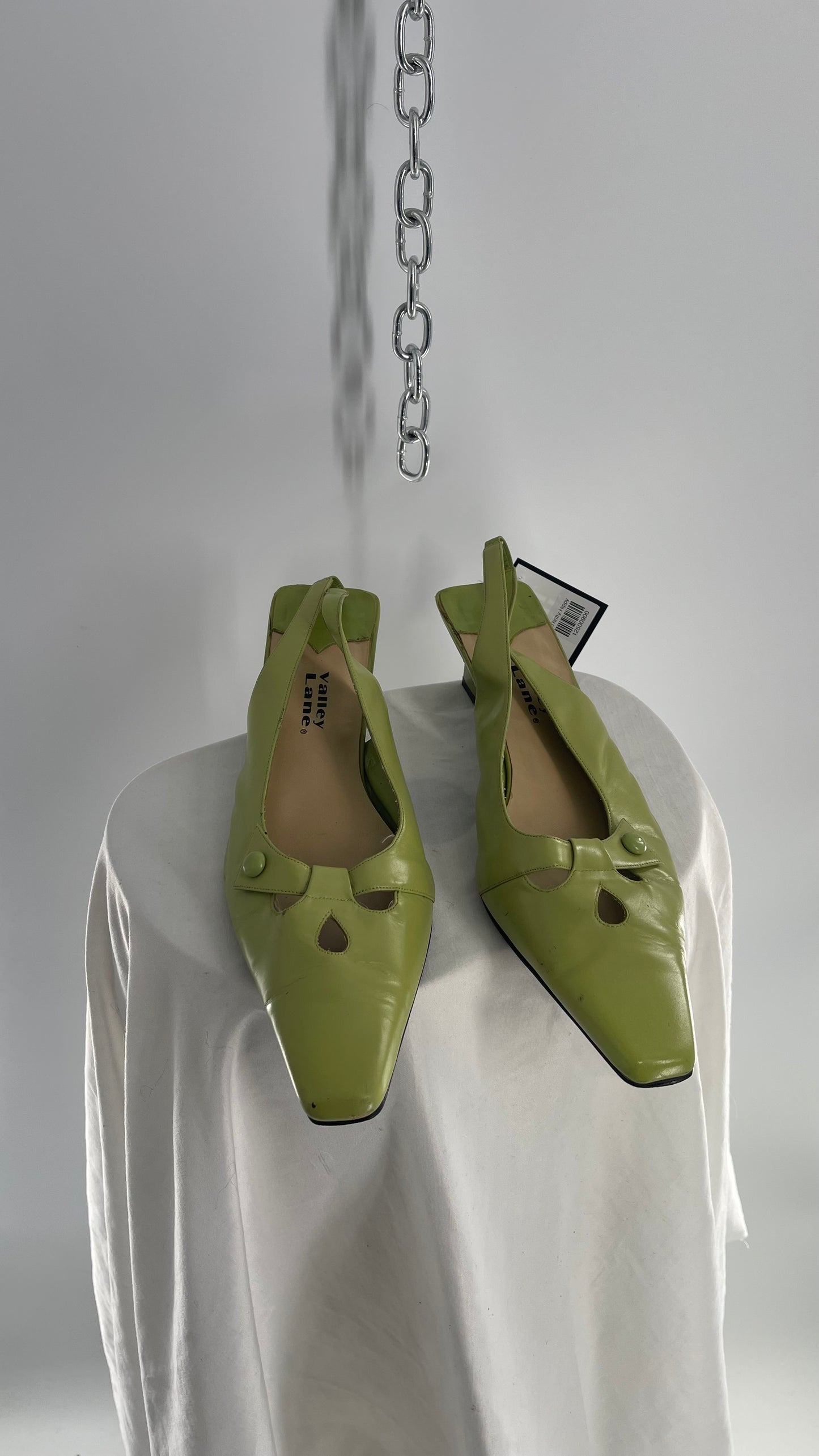 Vintage Valley Lane Abstract Avacado Green Pointed Toe, Square Heel Slingbacks (11)