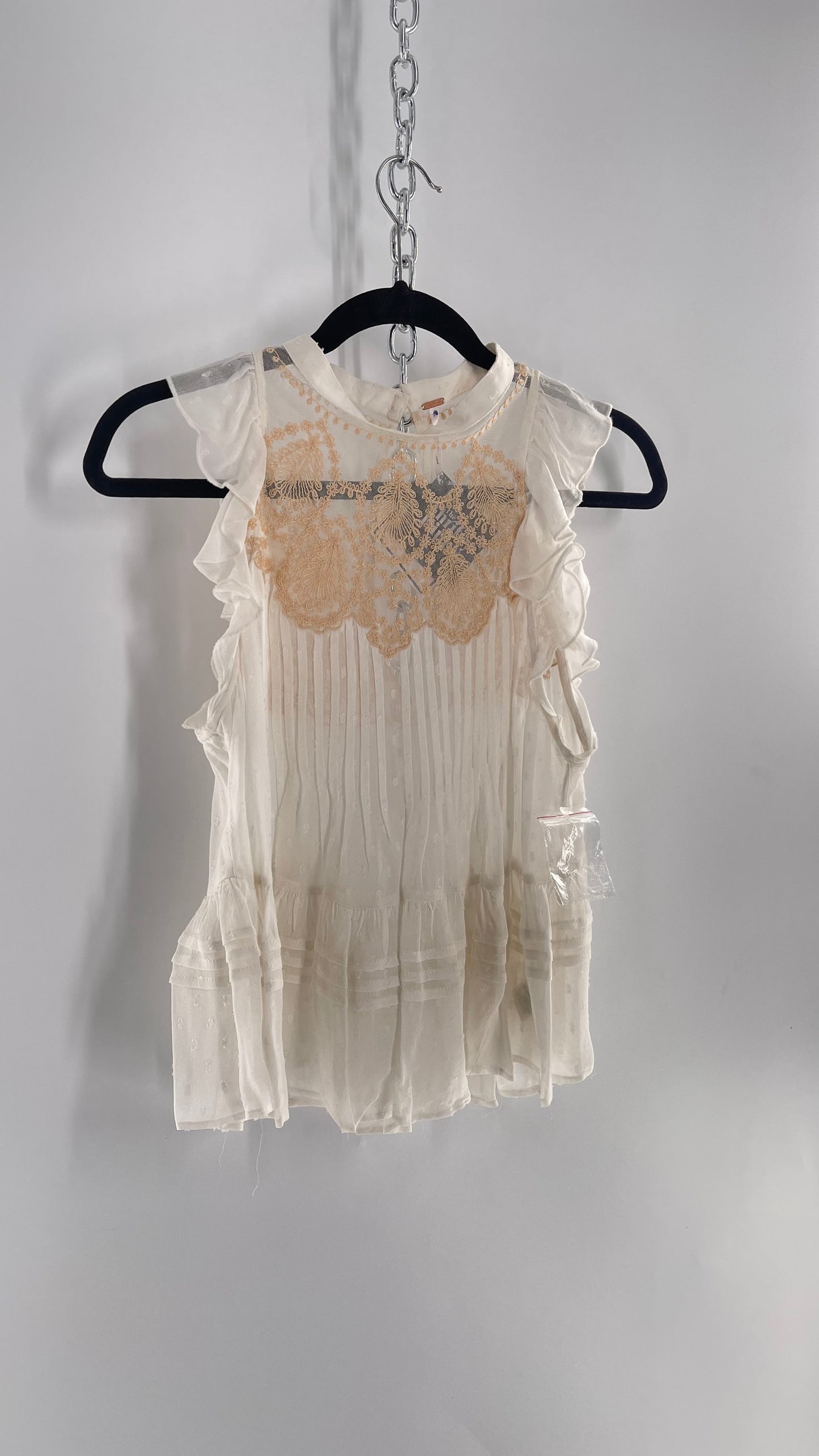 Free People Delicate,Romantic Feminine Sleeveless Blouse with Pleating, Embroidery and Keyhole Back (XS)