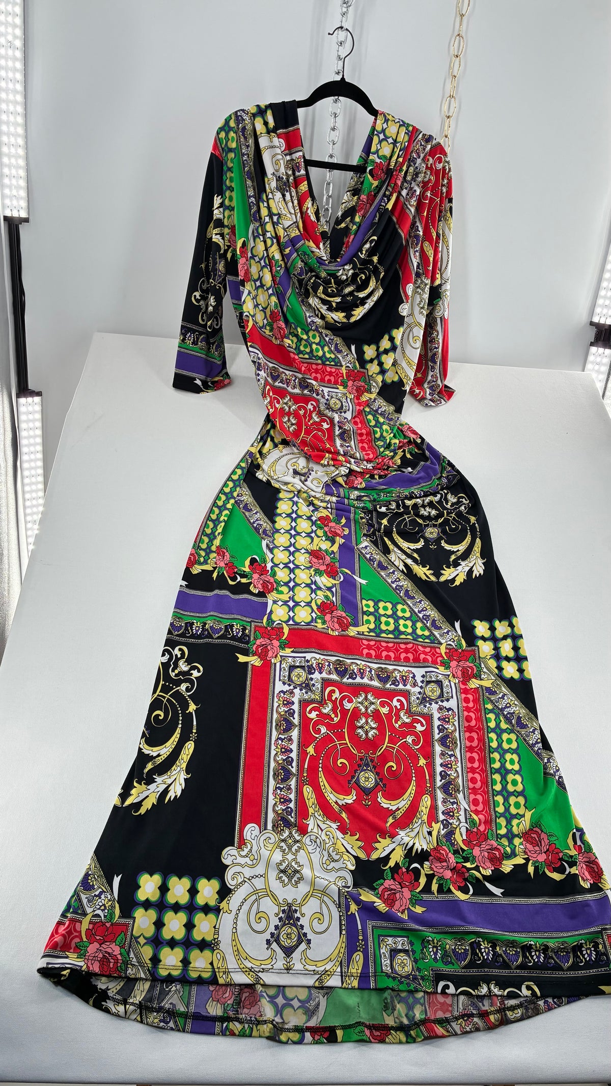 Vintage SEXY DIVA Drape Neckline Full Length Baroque Scarf Print Dress (Large)