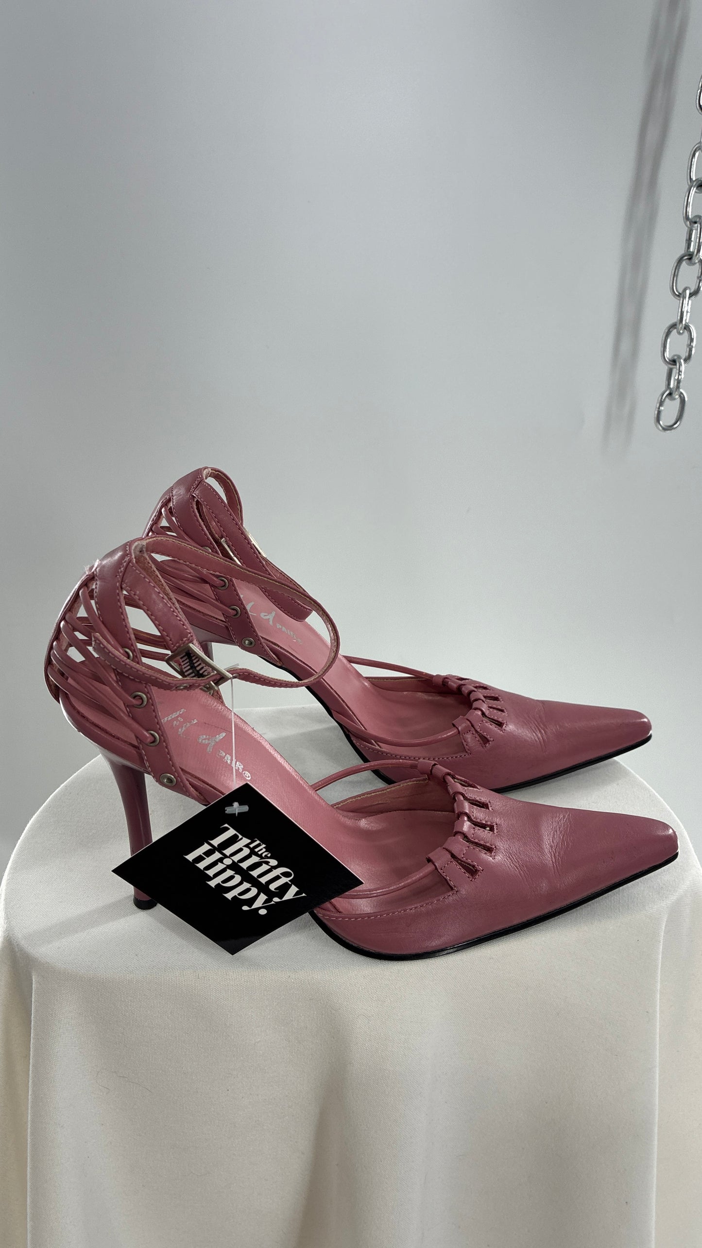 Vintage WILD PAIR Pink Pointed Toe Heels with Strappy Grommet Details (6.5)