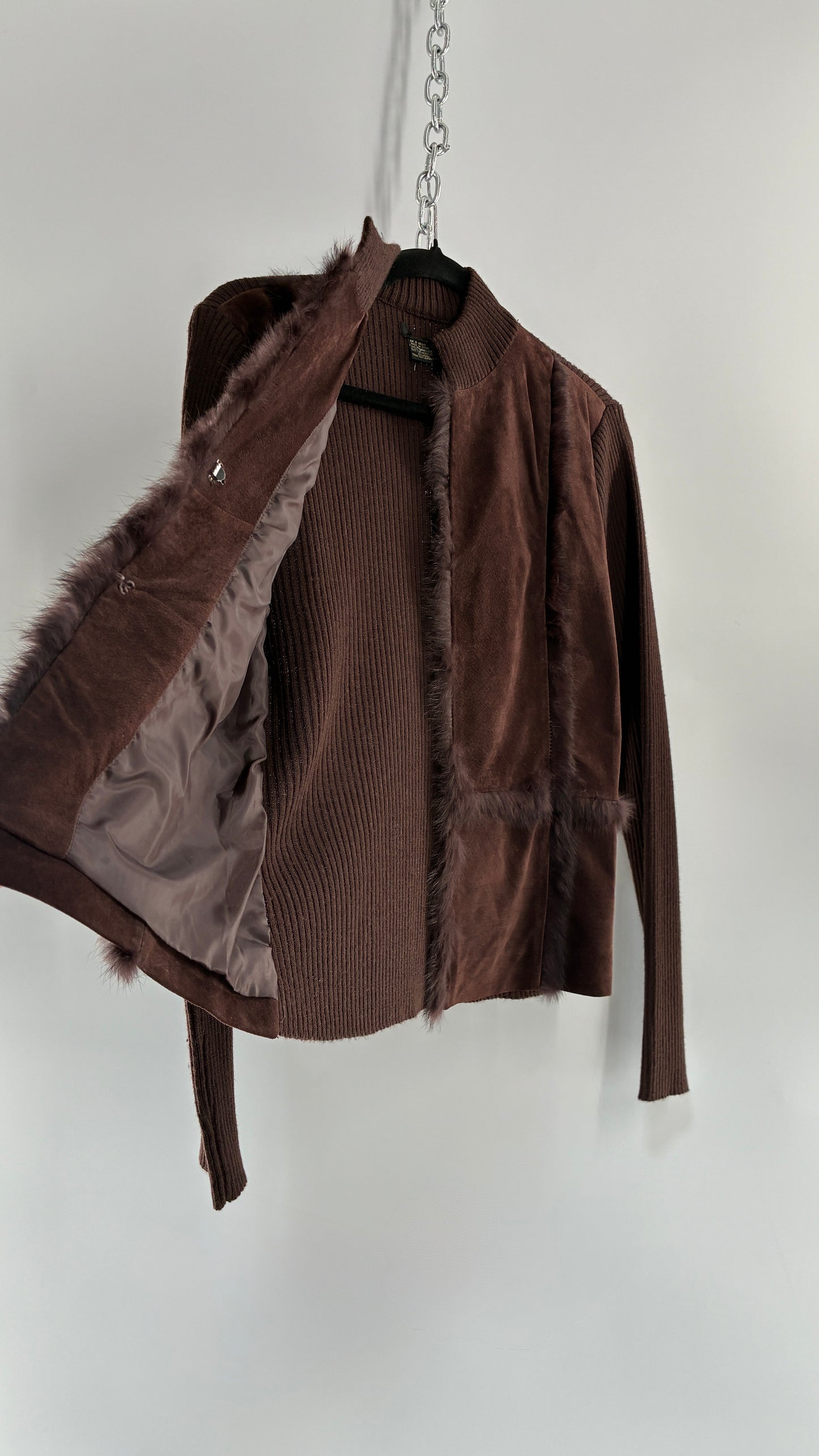 Vintage Brown Ribbed Jacket with Genuine Suede Leather Paneling and Rabbit Fur Trim (Medium)