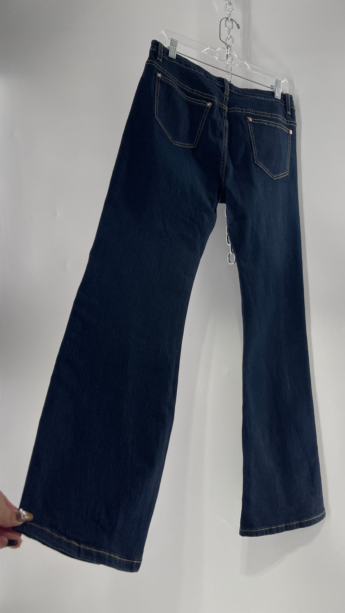 Deadstock Vintage V Christina Dark Wash Gemstone Gold Grommet Jeans (10)