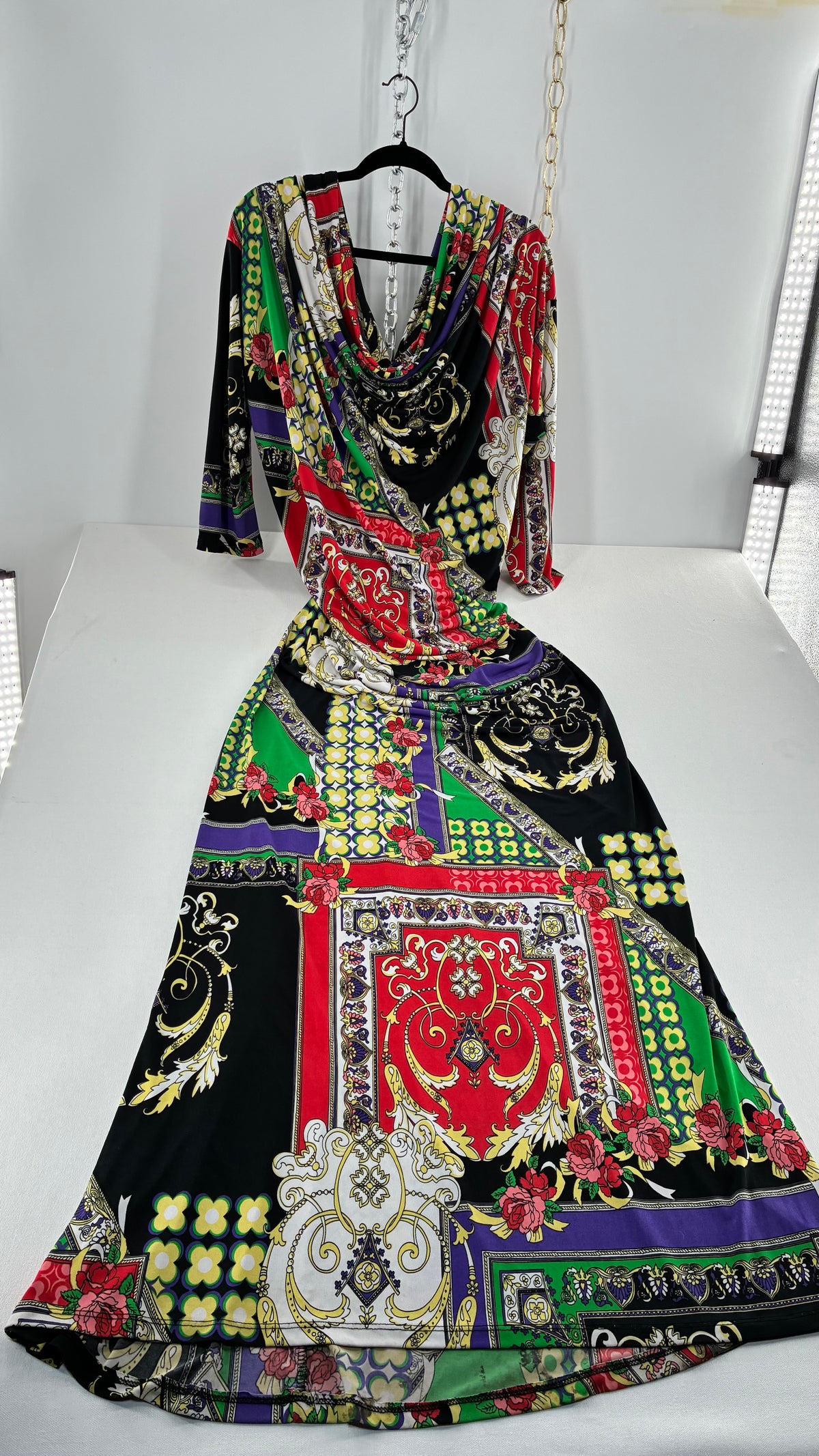 Vintage SEXY DIVA Drape Neckline Full Length Baroque Scarf Print Dress (Large)