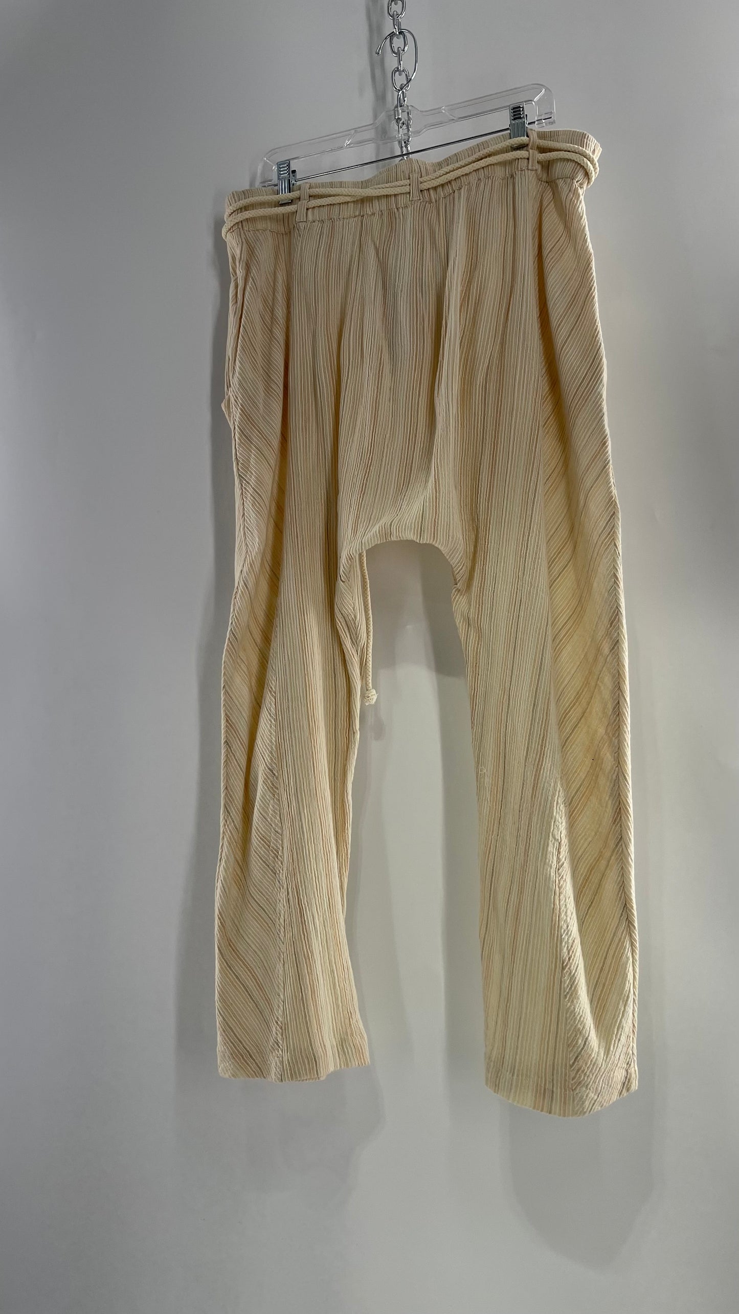 Free People Cream Striped Haram/Drop Crotch/Yoga Rope Belt Pants (XL) with Tags Attached