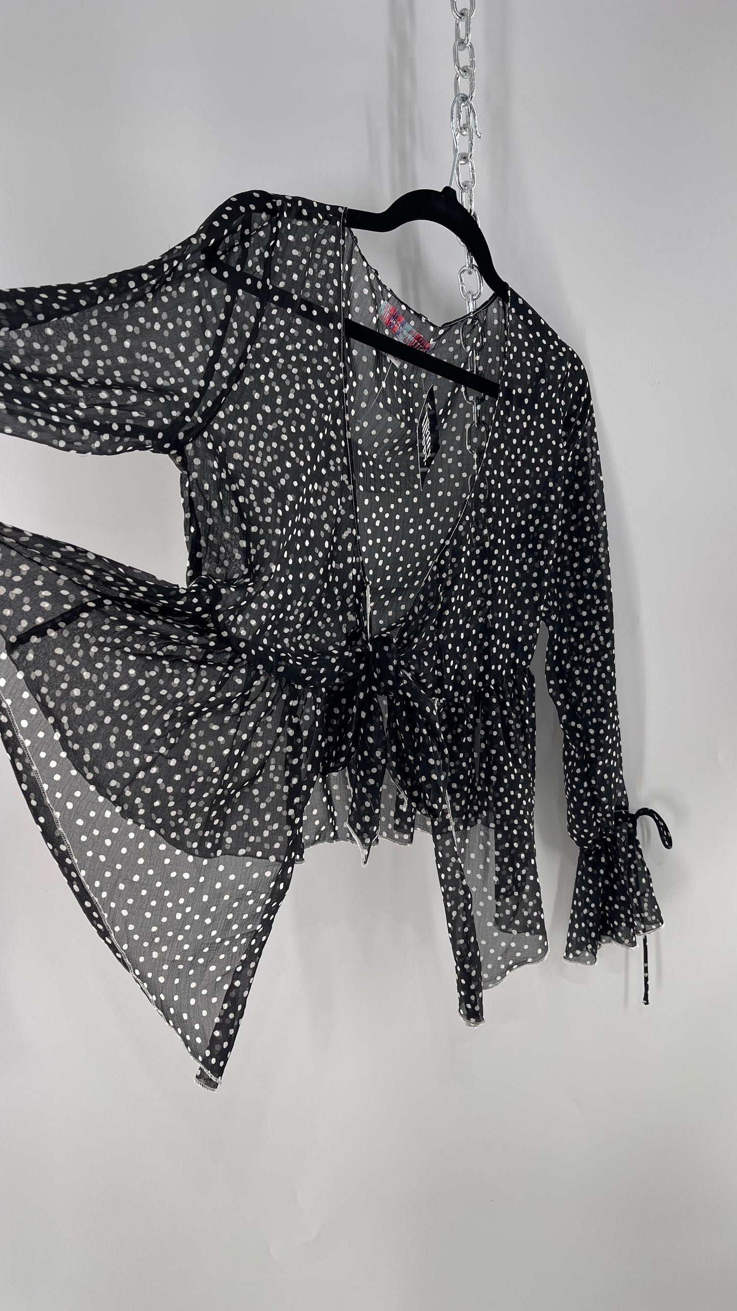 Urban Outfitters Black and White Polka Dot Tie Front Blouse with Tie Sleeve Detail (Small)