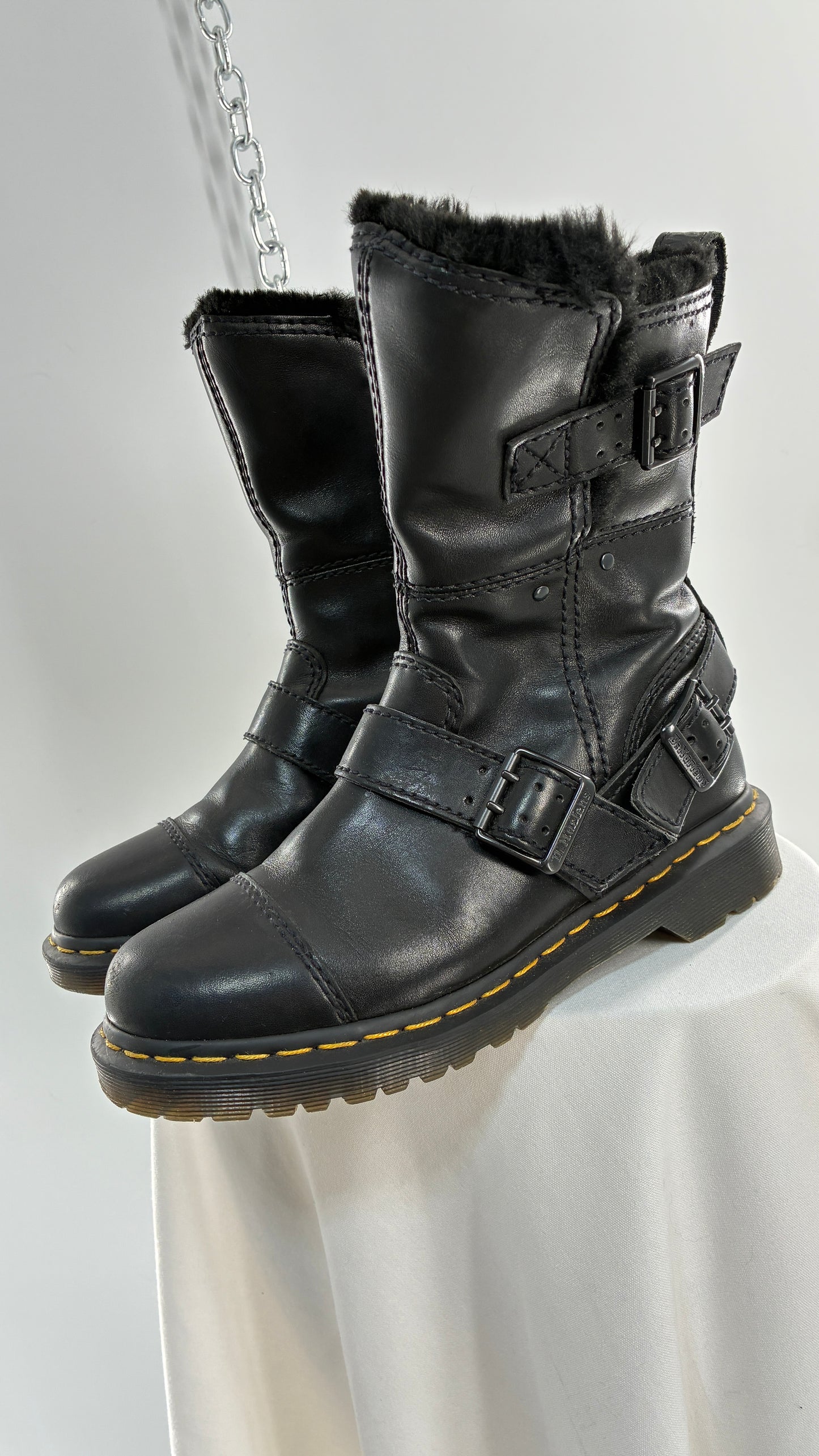 RARE Vintage Dr. Marten Kristy Mid Calf Faux Fur Black Leather Boots (8L)