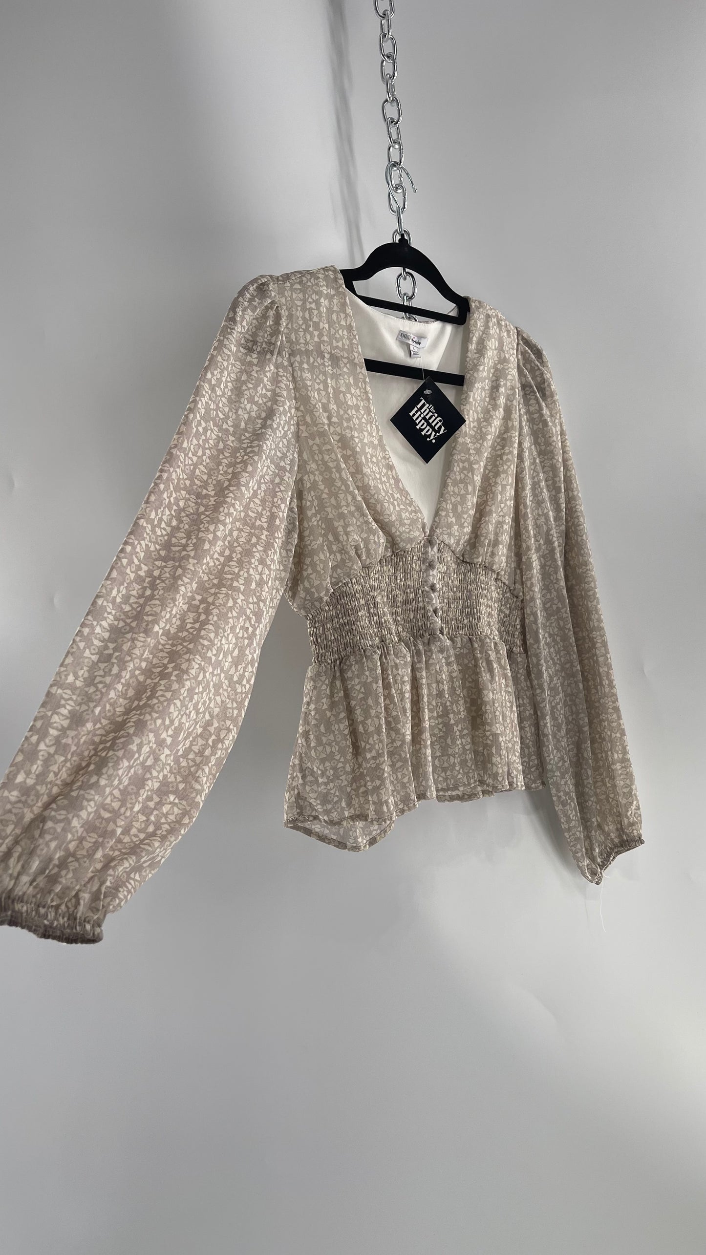 Anthropologie Light Gray Glitter/Shimmer Balloon Sleeve, Smocked Waist, Button Front Blouse (Large)