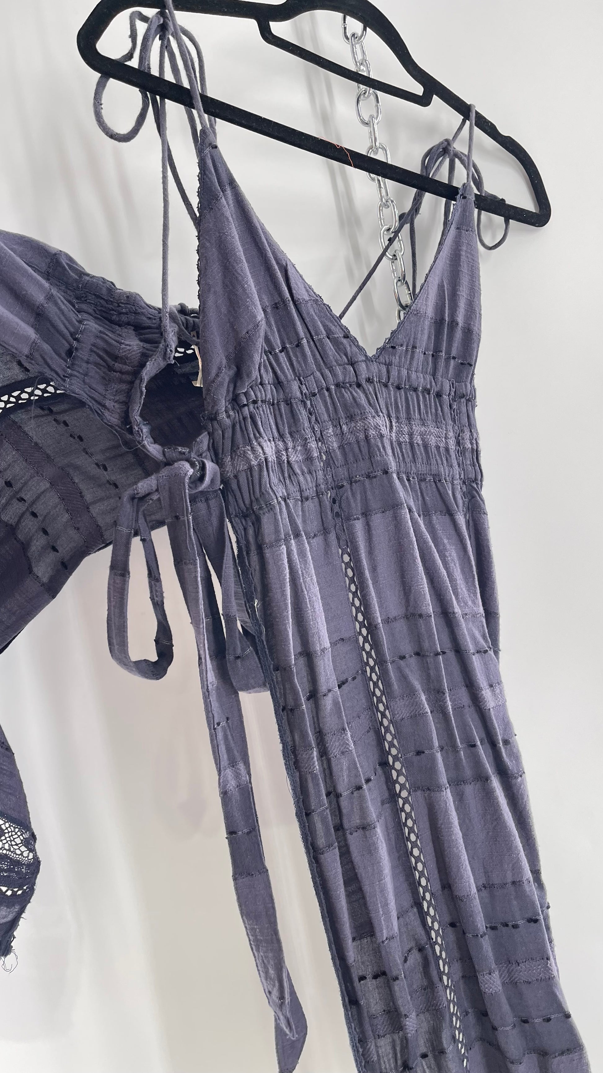 Free People Navy Blue Cotton Lace and Embroidered Open Tie Side Dress The Thrifty Hippy Free People Navy Blue Cotton Lace and Embroidered Open Tie Side Dress The Thrifty Hippy