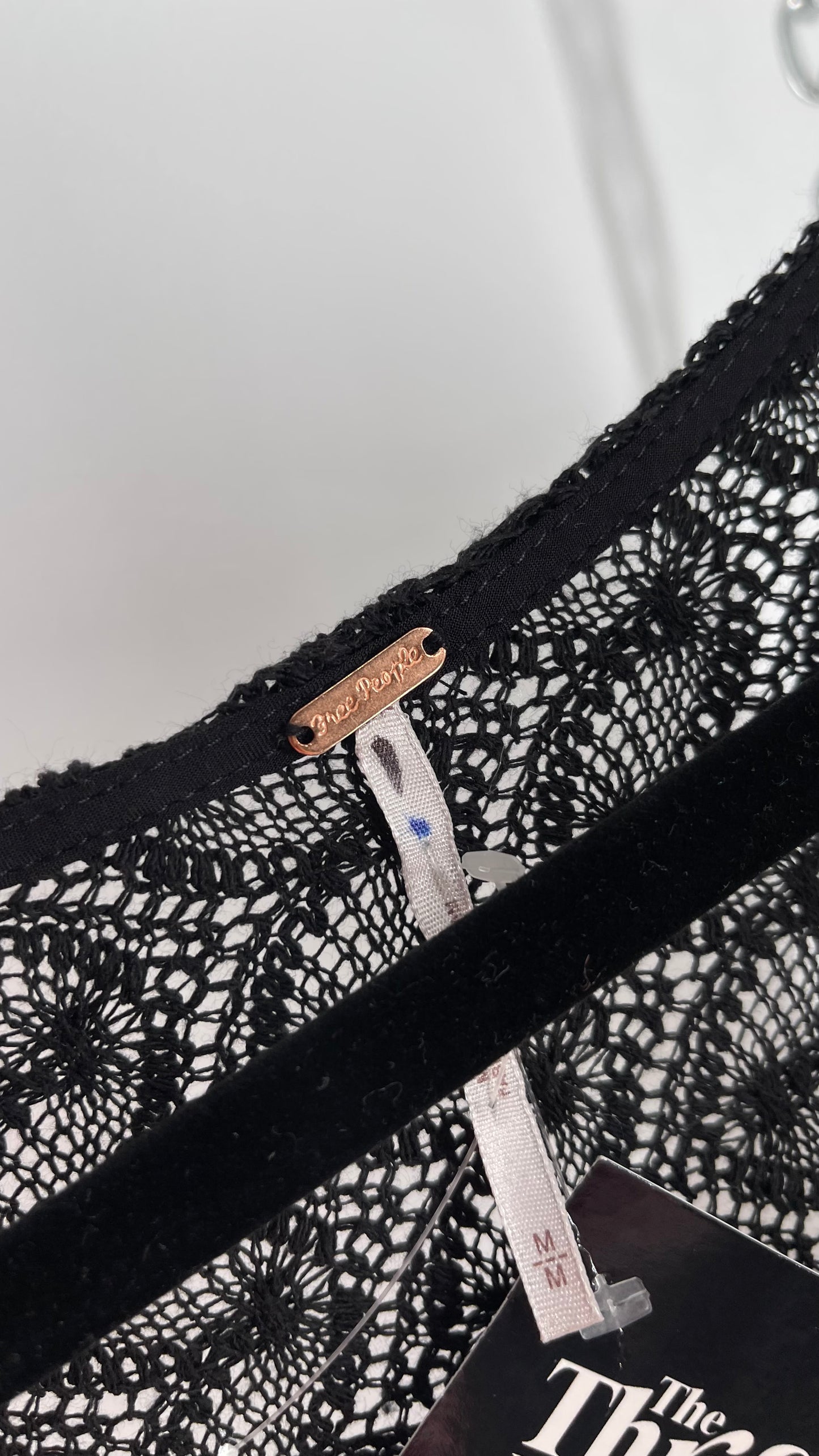 Free People Black Knit Lace/Crochet Like Cropped Long Sleeve with Metal Buckle Bust  (Medium)