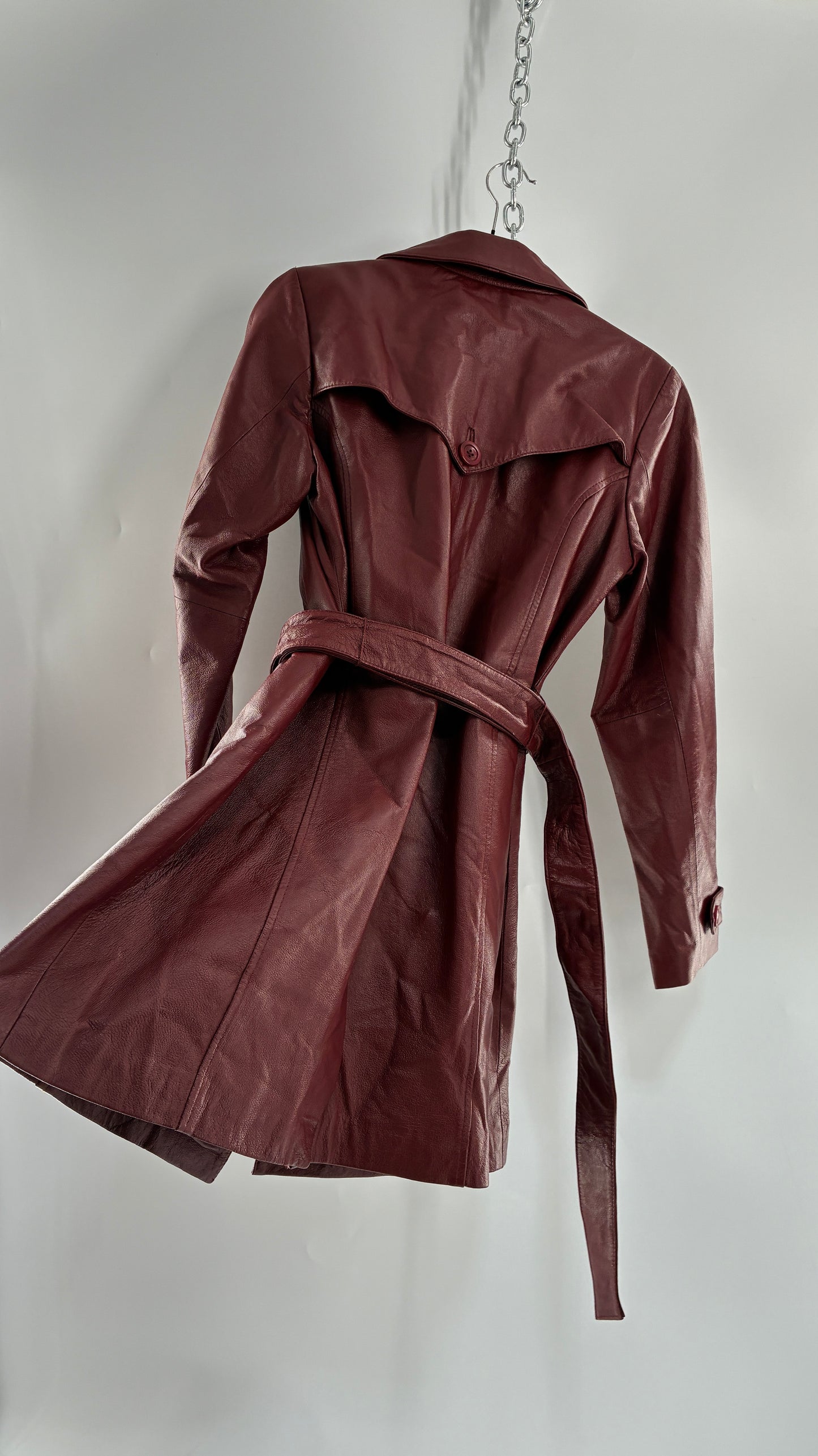 Vintage 1990s CENTIGRADE Red Crimson Genuine Leather Trench Coat (Small)